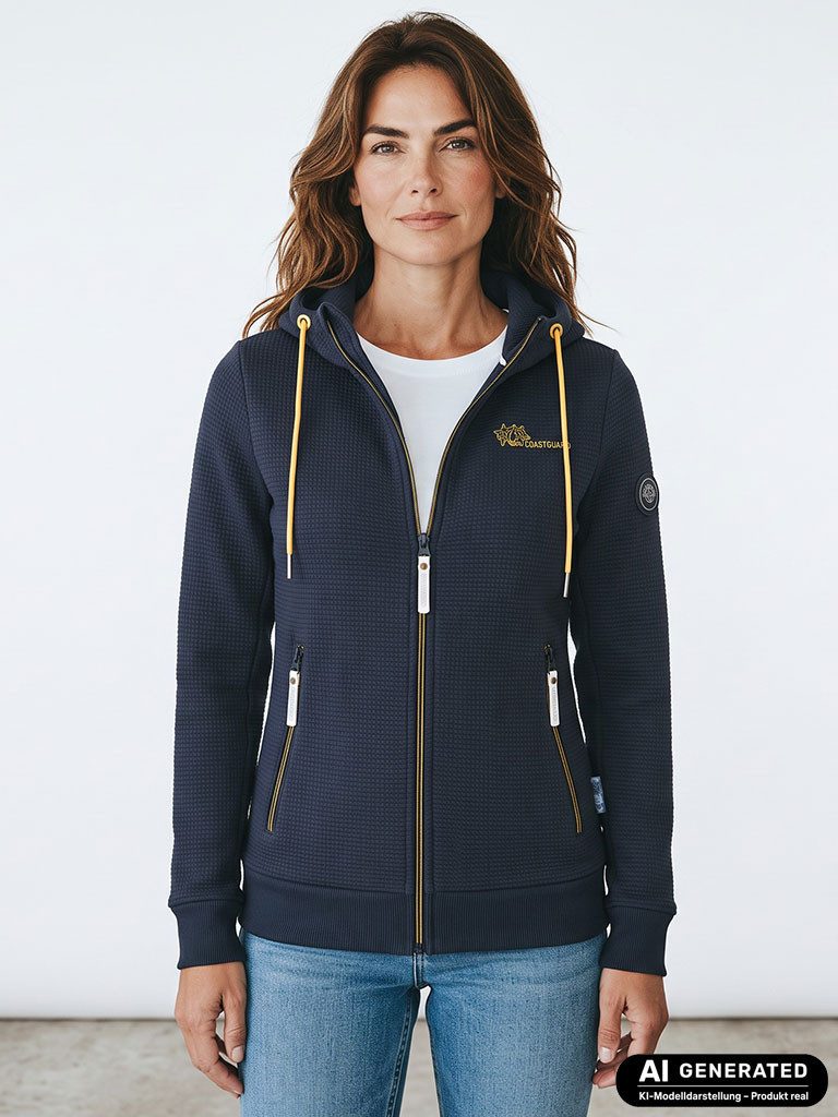 Coastguard Kapuzensweatjacke Damen Sweatjacke 51063 mit Kapuze - Kapuzenjacke mit Waffelstruktur Kapuzen-Print, Kinnschutz, Reißverschlusstaschen, Rippbündchen
