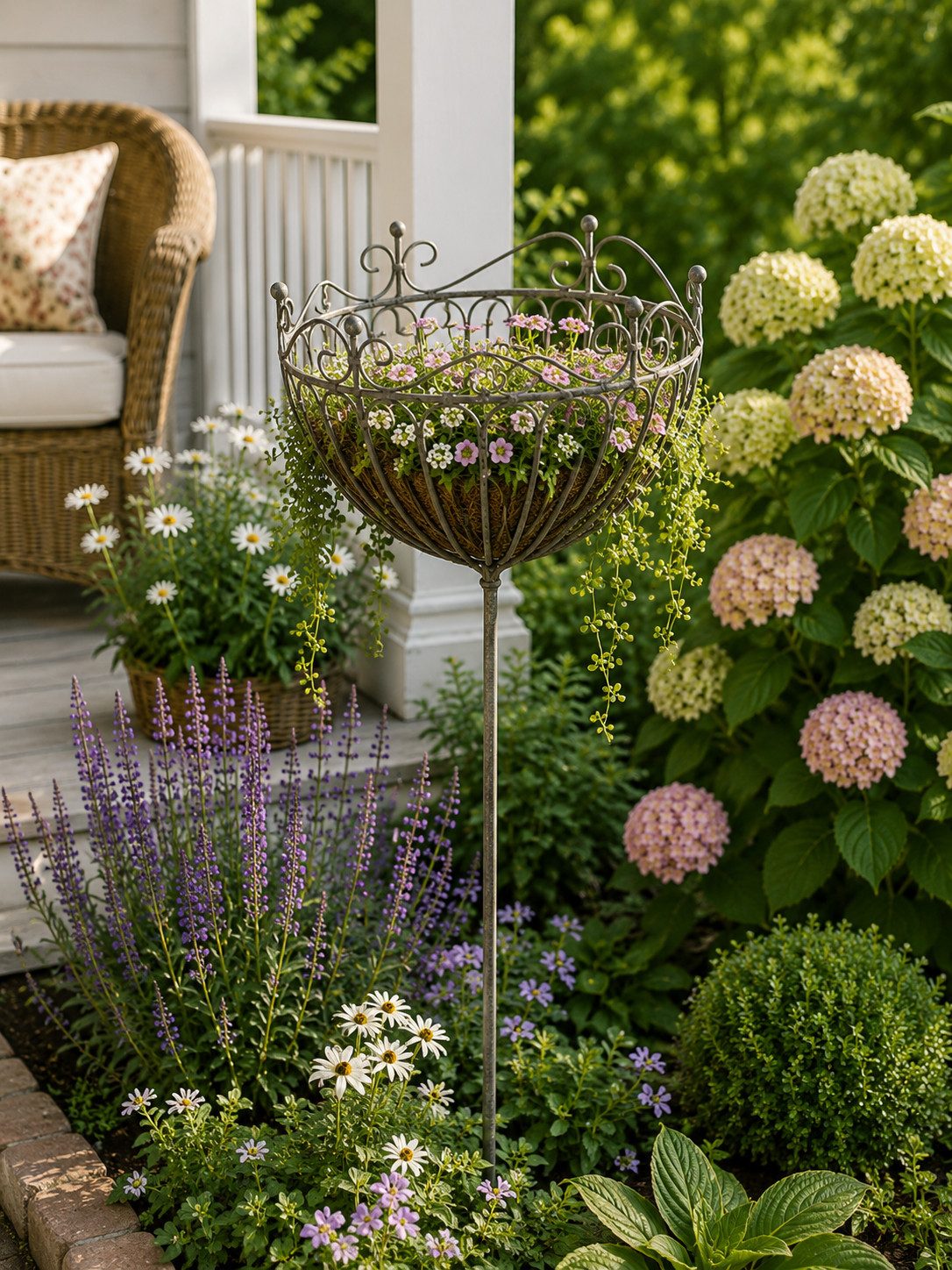 finehomegarden Gartenstecker Korb am Stab Pflanzkorb Metall Ø28cm H18cm L133cm grau/braun (1-St) Pflanzschale Shabby Gartendeko Pflanztopf Rankstab