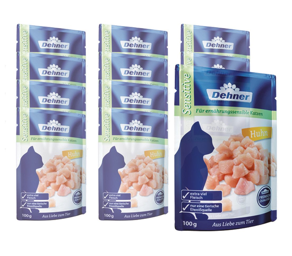Dehner Premium Adult, Sensitive, versch. Sorten, 12 x 100 g Beutel Huhn, Nassfutter für: Katze, Nassfutter für ausgewachsene, sensible Katzen
