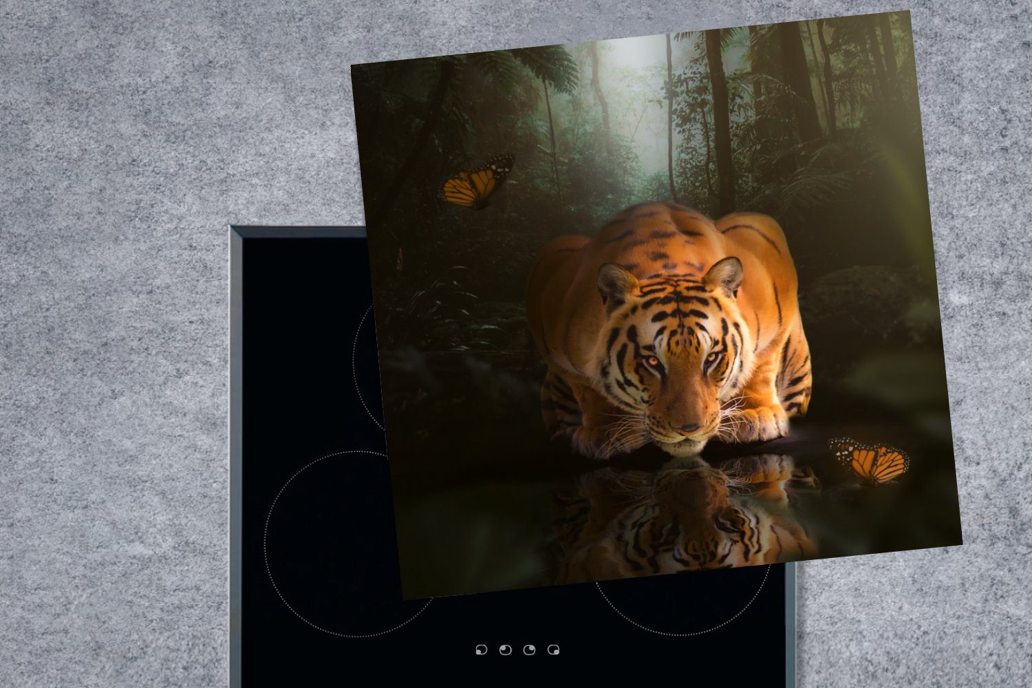 tlg), 78x78 Herdblende-/Abdeckplatte Vinyl, Tiere Schmetterling Arbeitsplatte Tiger, (1 - Ceranfeldabdeckung, küche cm, - MuchoWow für