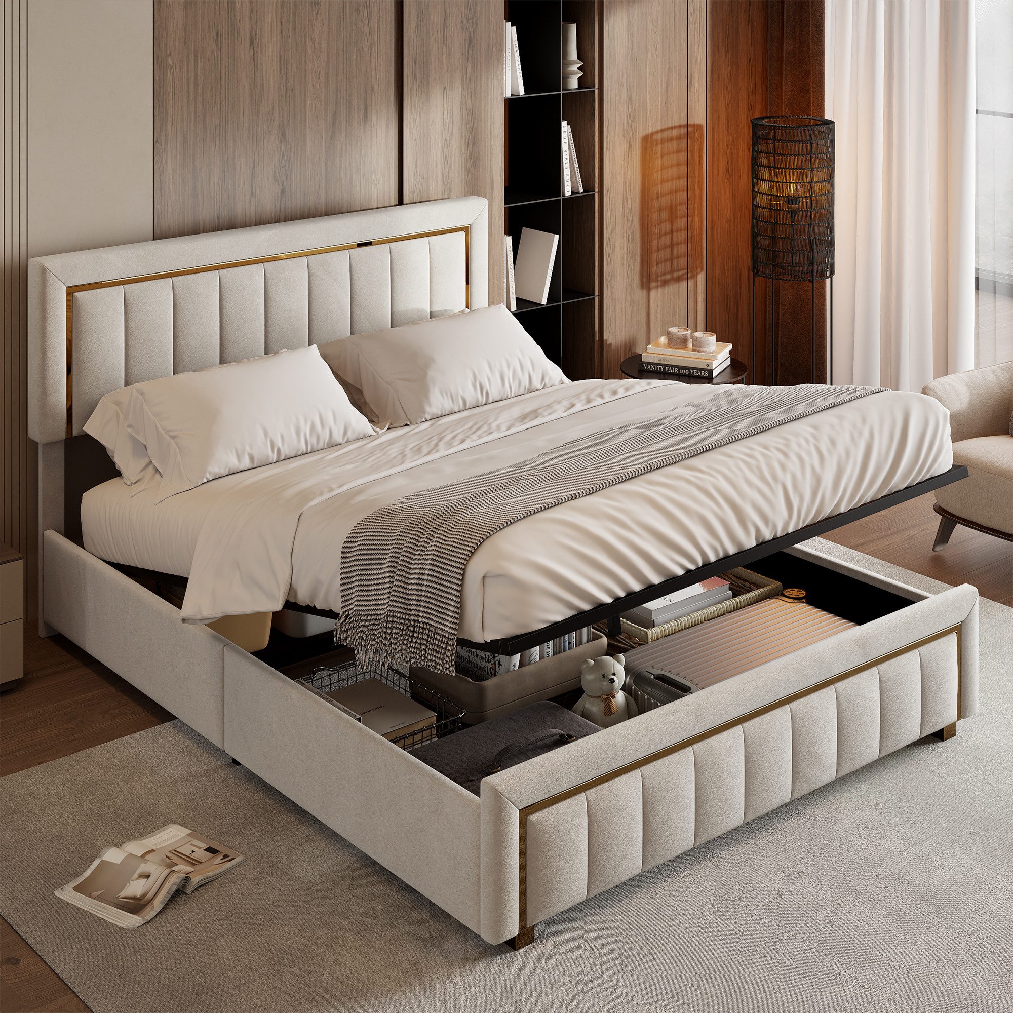 PXloue Stauraumbett Elegantes Polsterbett mit goldenen Akzenten und gepolstertem Kopfteil, Luxuriöses Design mit stabilem Gestell und hochwertigem Bezug. – Bild 5 von 5