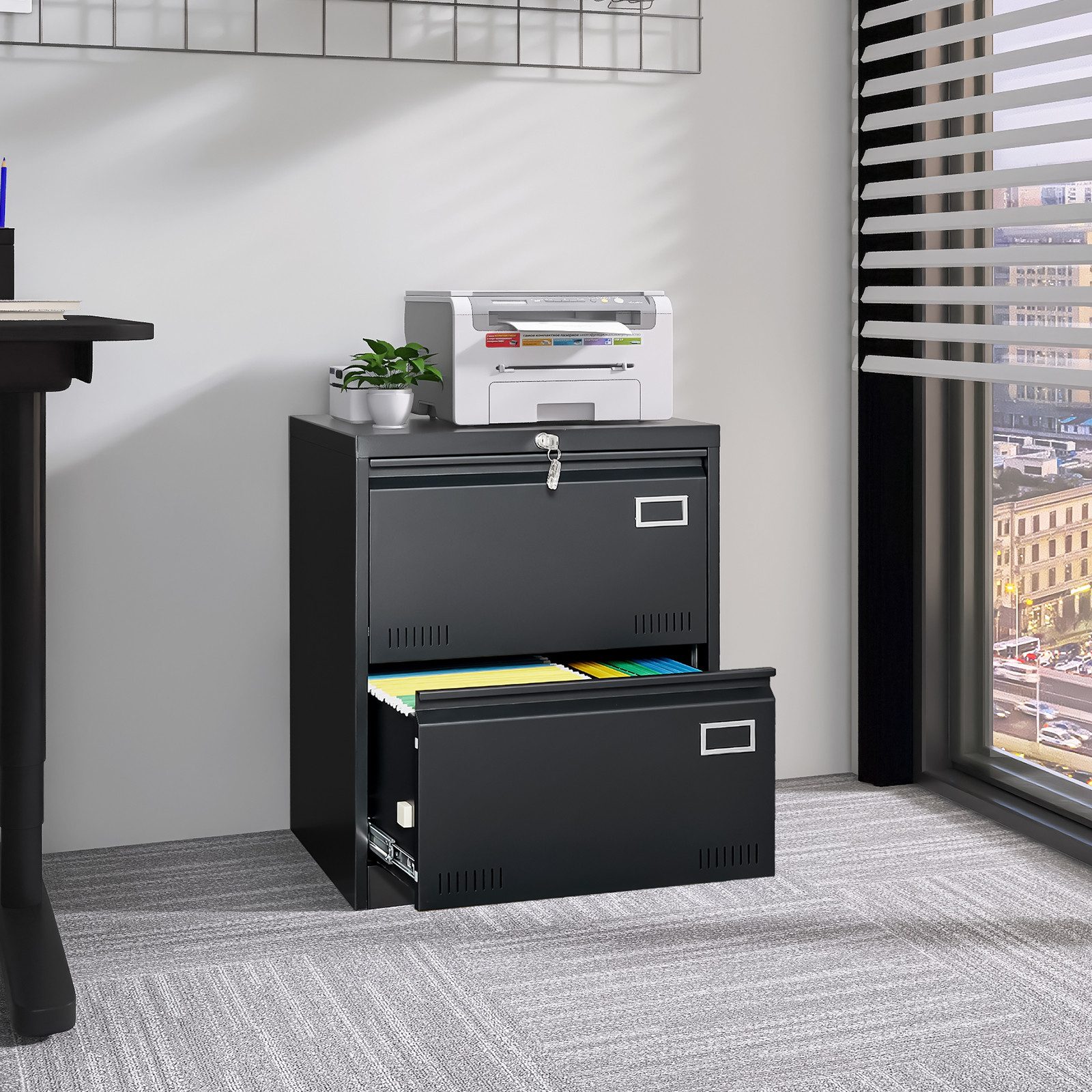 CHICFURN Aktenschrank 2 Schubladen aus Metall mit Schloss, schwarz (Packung, 1-St., 2-schübiger Metall-Breitbahnen-Aktenschrank mit Schloss) Büro-Hochbahn-Aktenschrank fürs Home-Office/Legal/Letter/A4