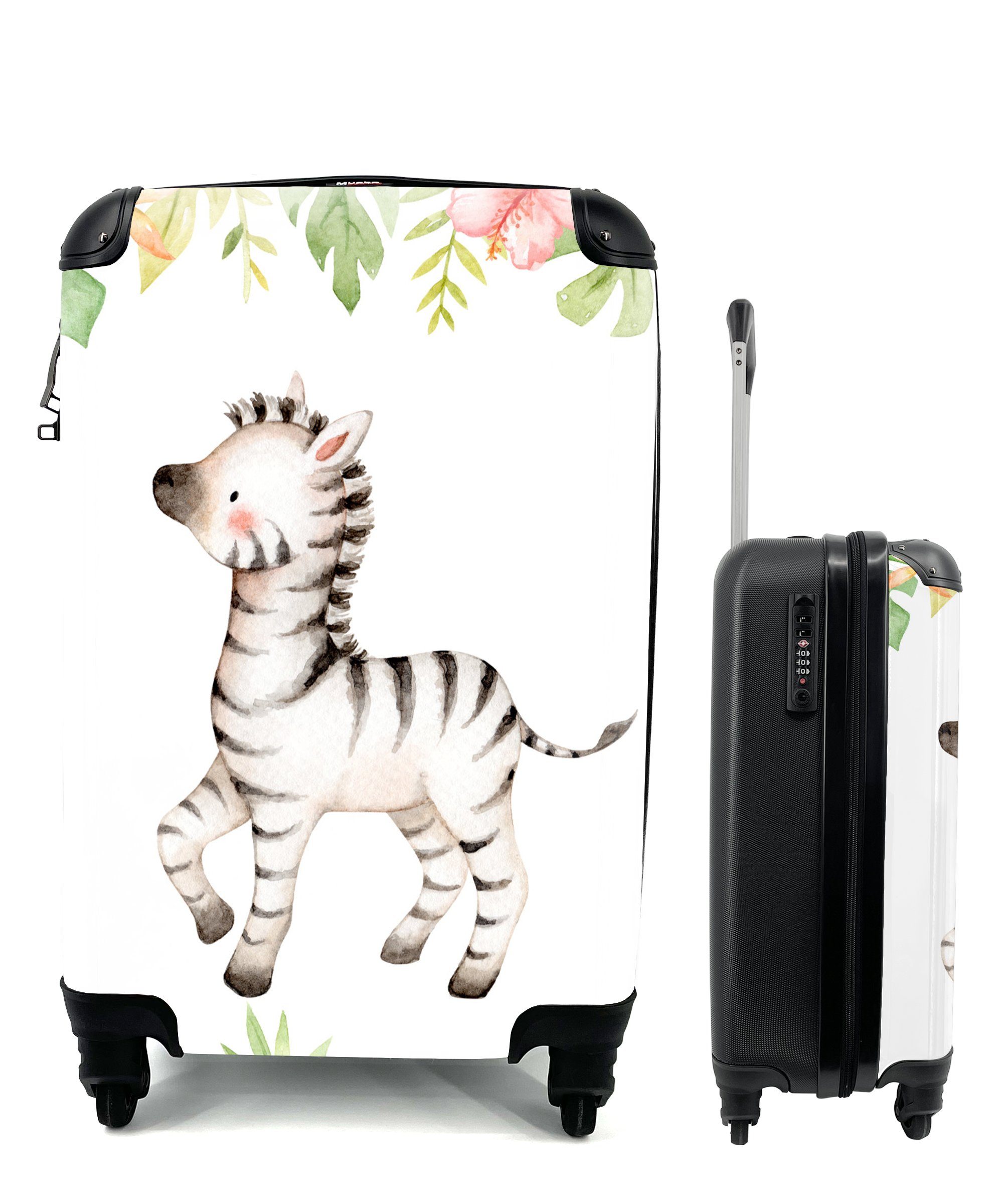 MuchoWow Handgepäckkoffer Zebra - Dschungel - Blumen - Pflanzen, 4 Rollen, Reisetasche mit rollen, Handgepäck für Ferien, Trolley, Reisekoffer