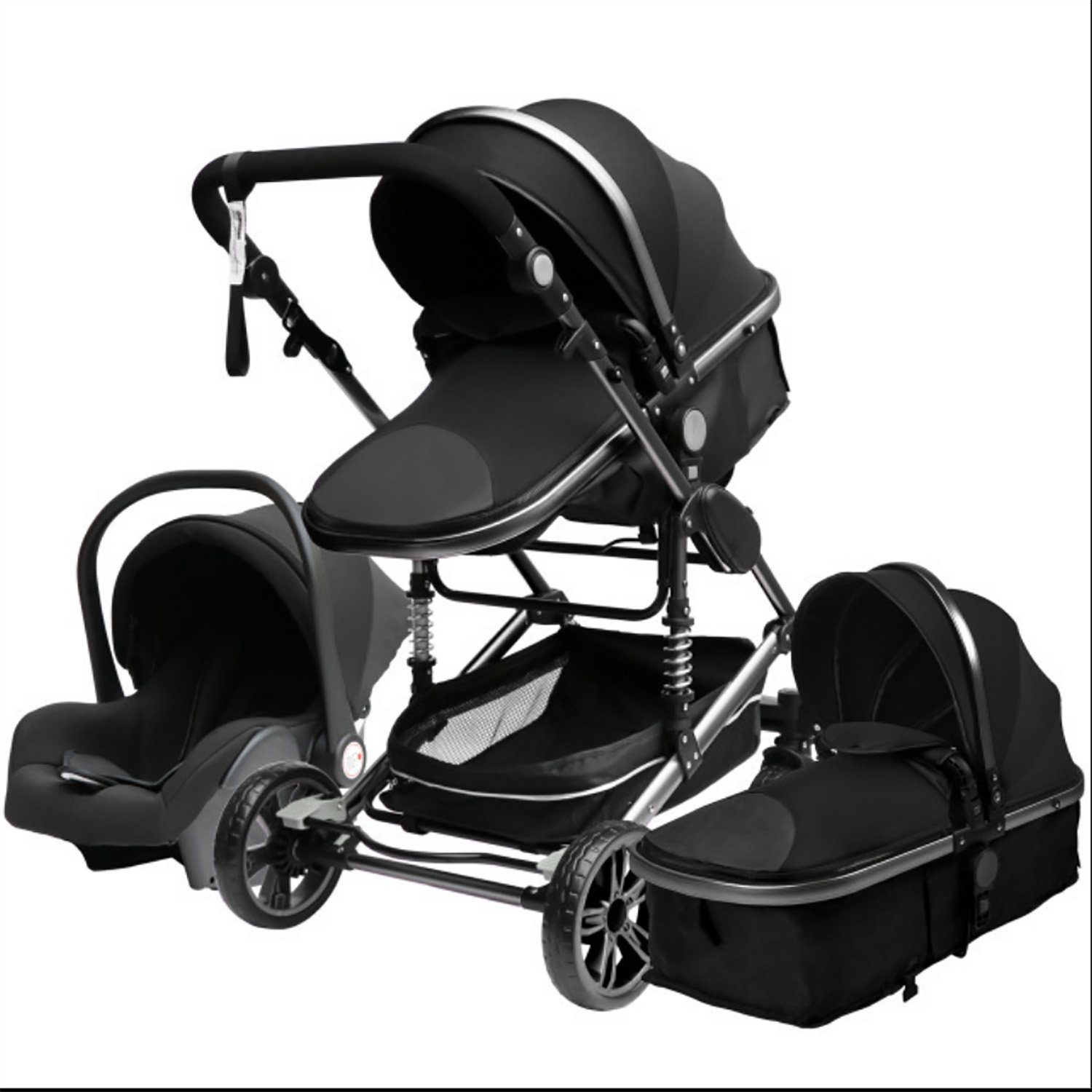 TPFFamily Kombi-Kinderwagen Babyschale Baby Buggy Babywanne 5-Punkt-Sicherheitsgurt Moskitonetz, Getränkehalter Коляски 3 in 1 inkl. großem Zubehörset Schwarz