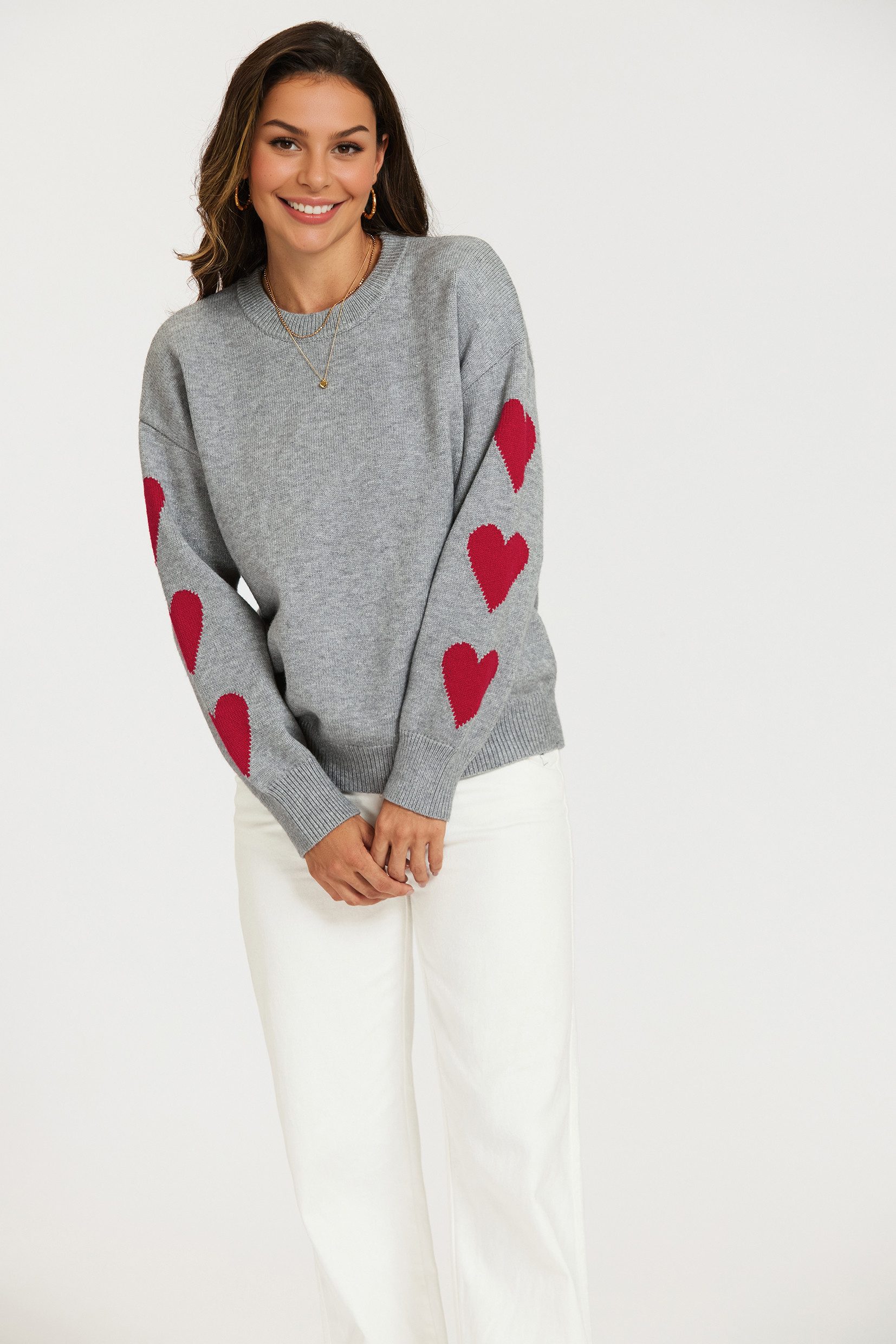 FS Collection Strickpullover Damen Strickpullover in Grau mit Herzmuster an den Ärmeln (Einheitsgröße: UK 8–14 / EU 36–44) 56 % Viskose, 26 % Polyester und 18 % Wolle