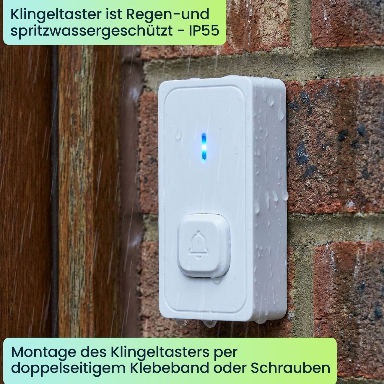 shop'n smile ideoon Türklingel Funk-Türklingel Set 150m Reichweite LED-Signal 58 Töne IP55, Funk Türklingel 150m LED Signal, 58 Töne, IP55 wetterfest, Steckdose