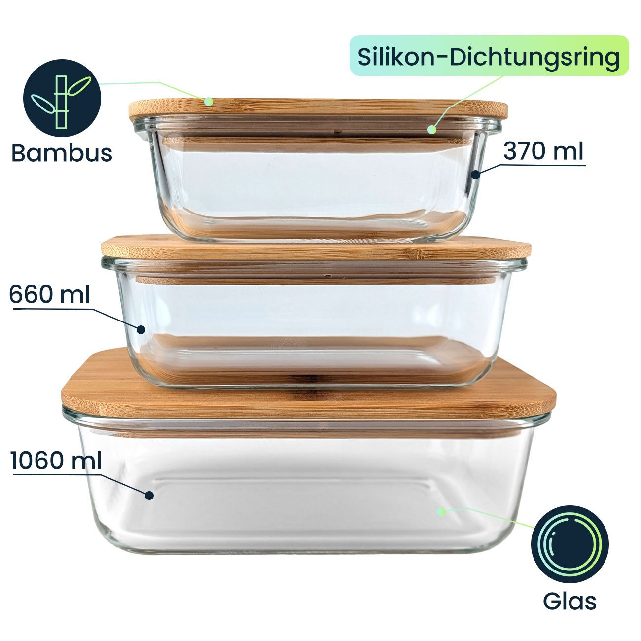 shop'n smile ideoon Vorratsglas Glas-Vorratsdosen Bambusdeckel 3 Größen Rechteckig Frischhaltedosen, (3-tlg., 3er-Set / 6er-Set), Luftdicht & 370,660,1060 ml/re – Bild 3 von 5