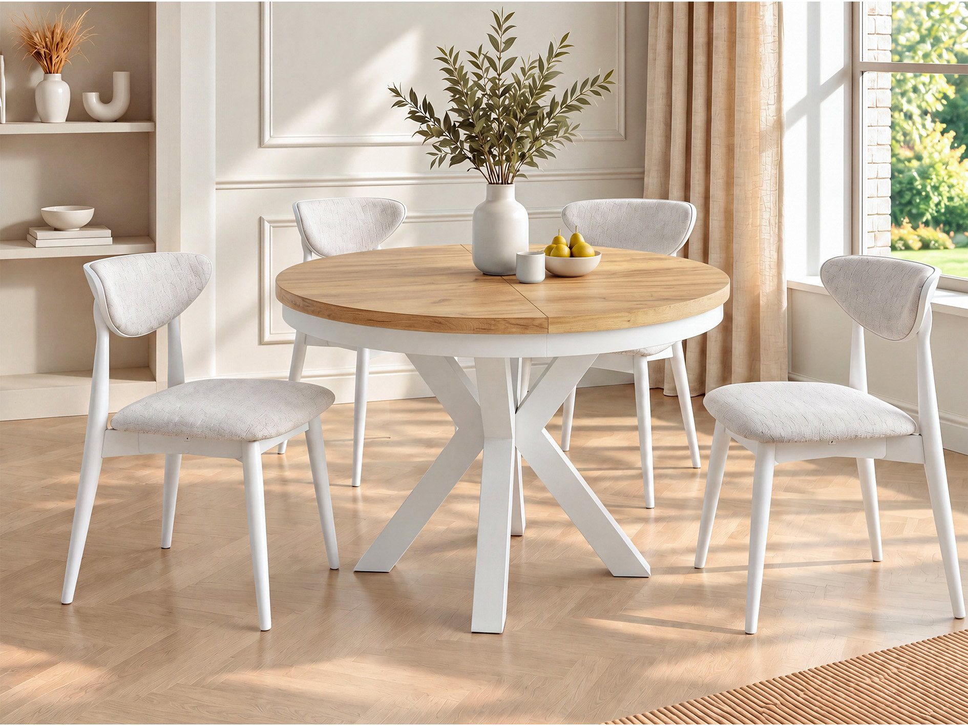 WFL GROUP Esstisch Clara White im Loft-Stil rund ausziehbar mit weißen Metallbeinen (MADE IN EU, erhältlich in zwei Größen – 100/120 cm, ausziehbar auf 180/200 cm), platzsparender Industrial Tisch in Holzoptik für Wohnzimmer oder Küche