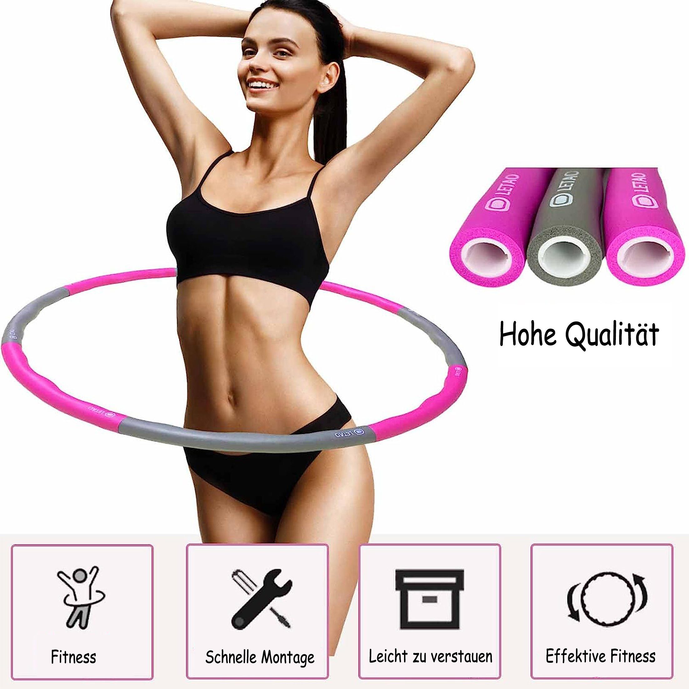 Abnehmen, Hula-Hoop-Reifen Für Fitness-Reifen Erwachsene Hula-Hoop-Reifen, Fitness-Reifen, Rosenrot+Grau zum und mit LeiGo abnehmbarem Kinder Fitness-Hula-Hoop-Reifen