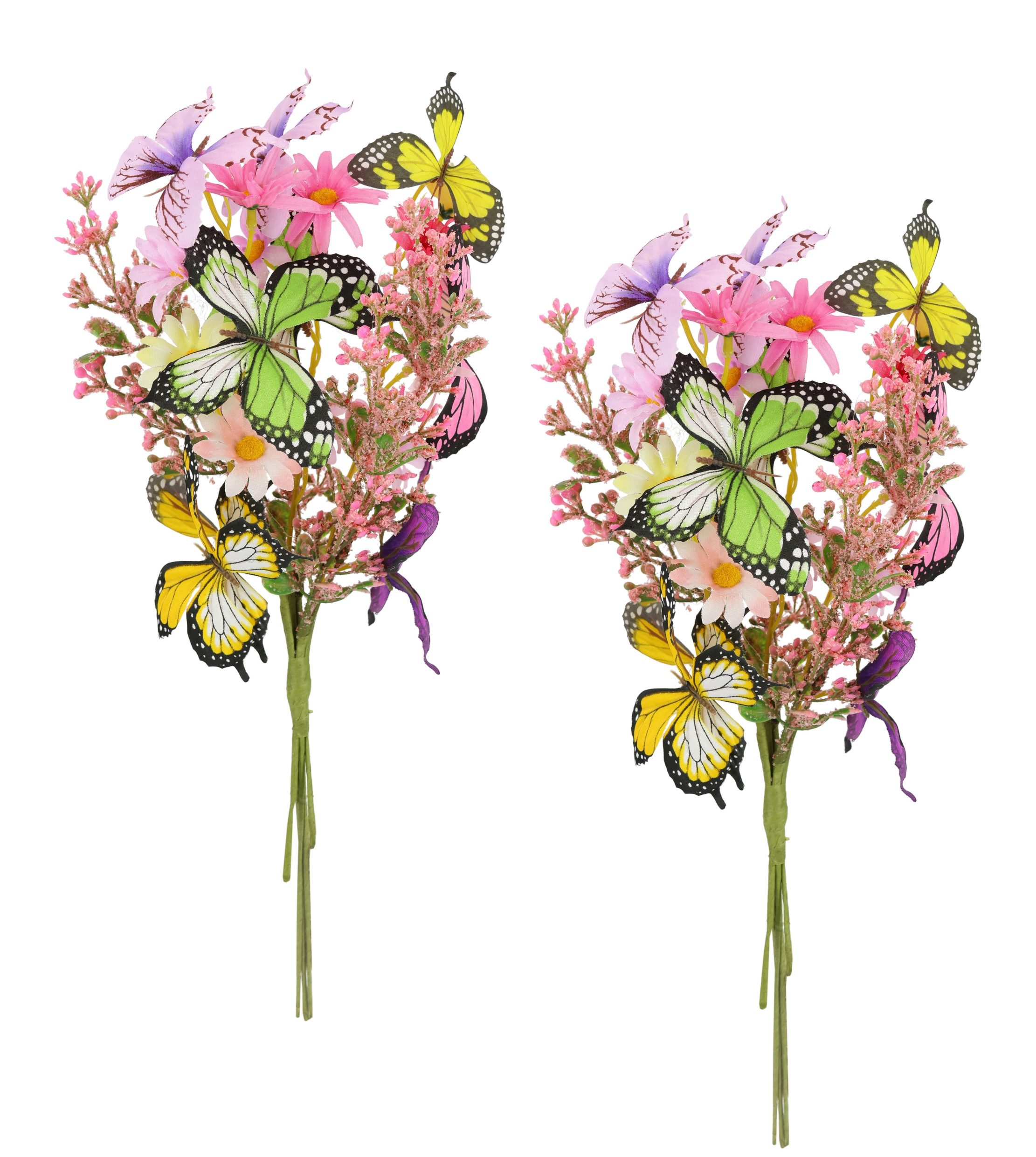 Kunstblume Strauß mit Schmetterlingen und Blüten 40cm 2er Set gebunden zum Strauß Margeriten, I.GE.A., Höhe 40 cm, Künstliche Blumen Blumenstrauß Bouquet Deko Zweig Blumendeko Hochzeit