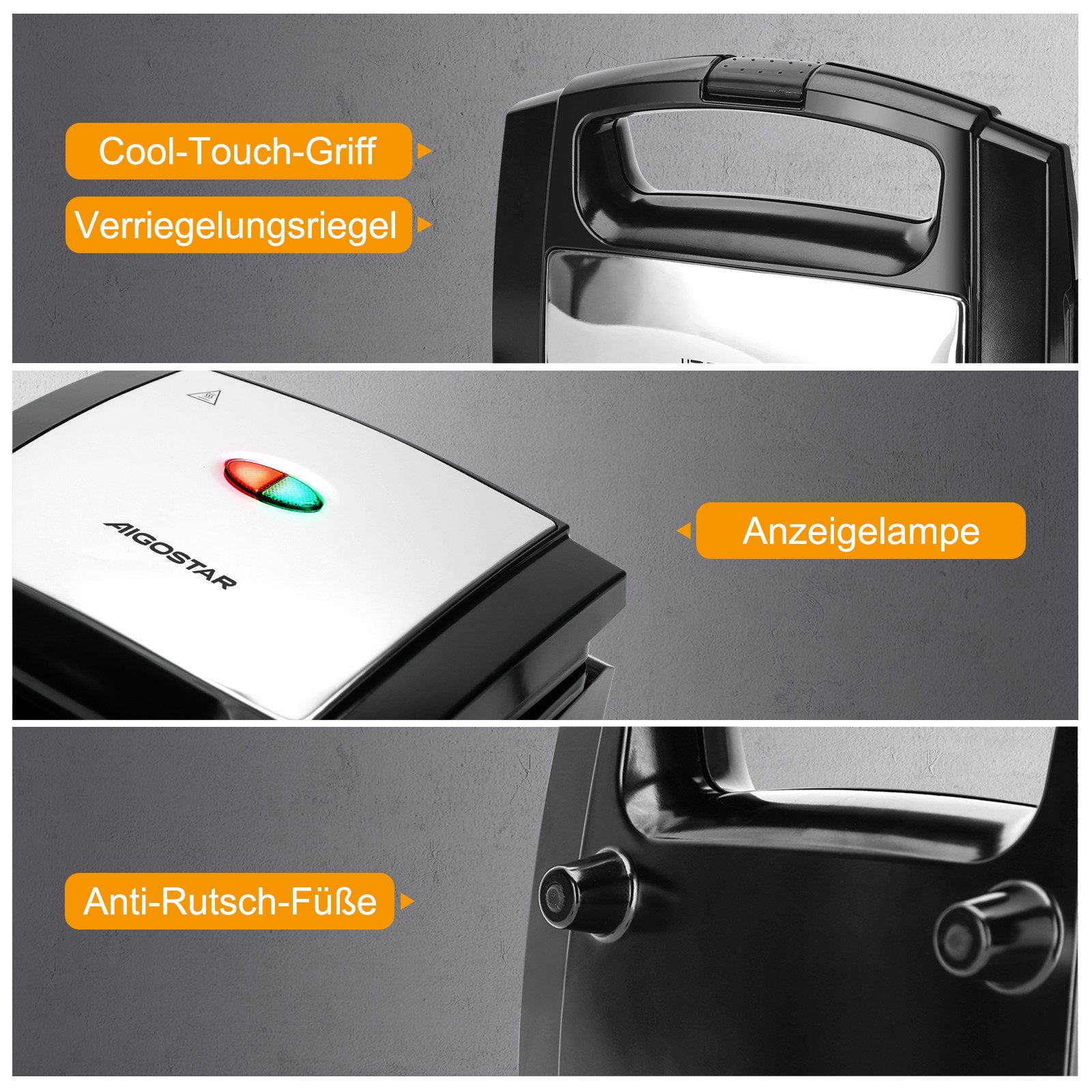 Aigostar Sandwichmaker Sandwichtoaster mit Antihaft-Keramikbeschichtung, Praktisch und Sicher, 800,00 W, Schnelles und Gleichmäßiges Aufheizen, Hochhitzebeständiges Gehäuse