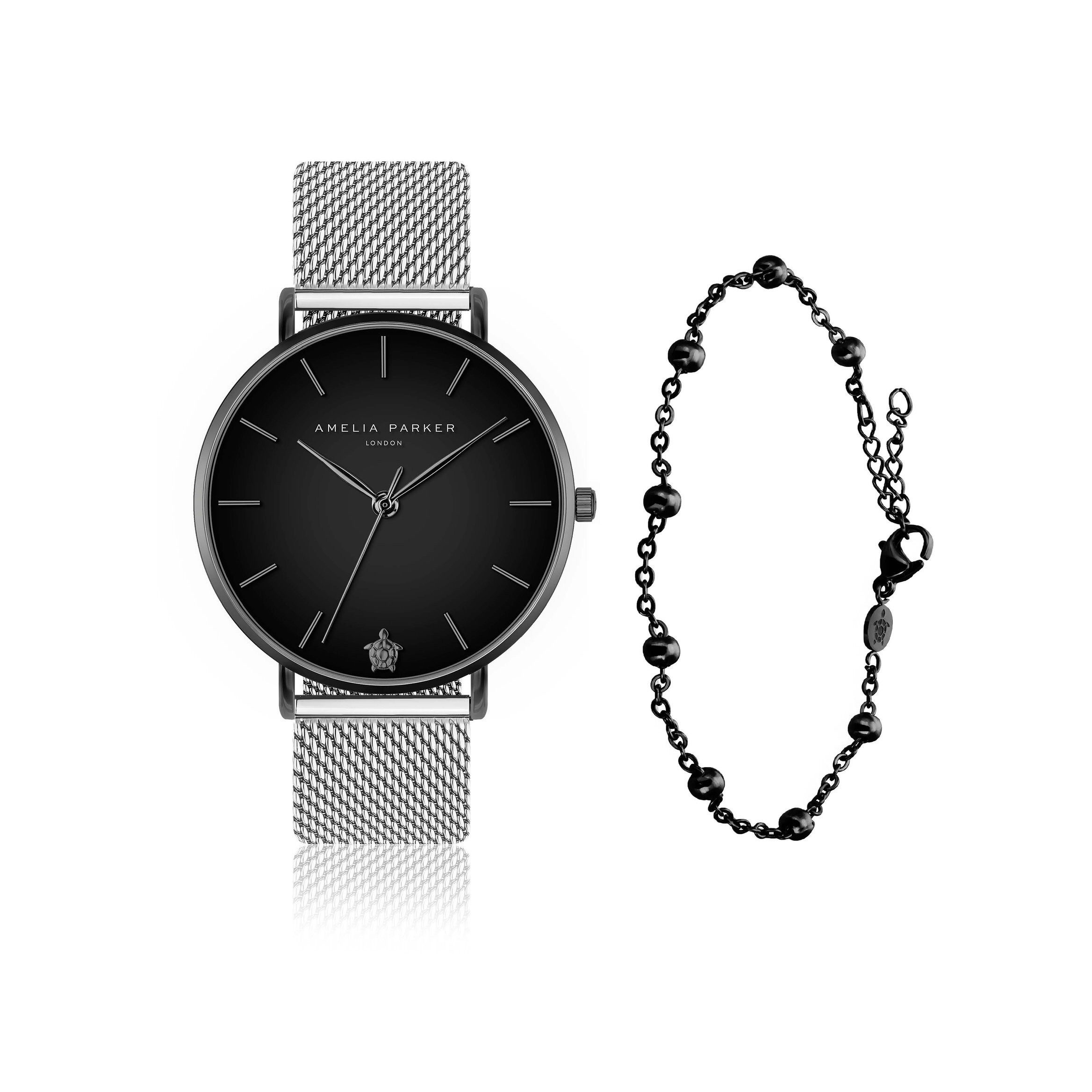 AMELIA PARKER Quarzuhr SAA4-4 Jet Black Silver Mesh Set