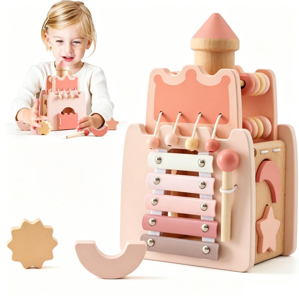 AFKSMILE Motorikwürfel Montessori Spielzeug Baby Holzspielzeug, 5 in 1 Schloss Lernspielzeug, Motorikwürfel Sensorik Activity Würfel Motorikschleife Geschenk Baby3+