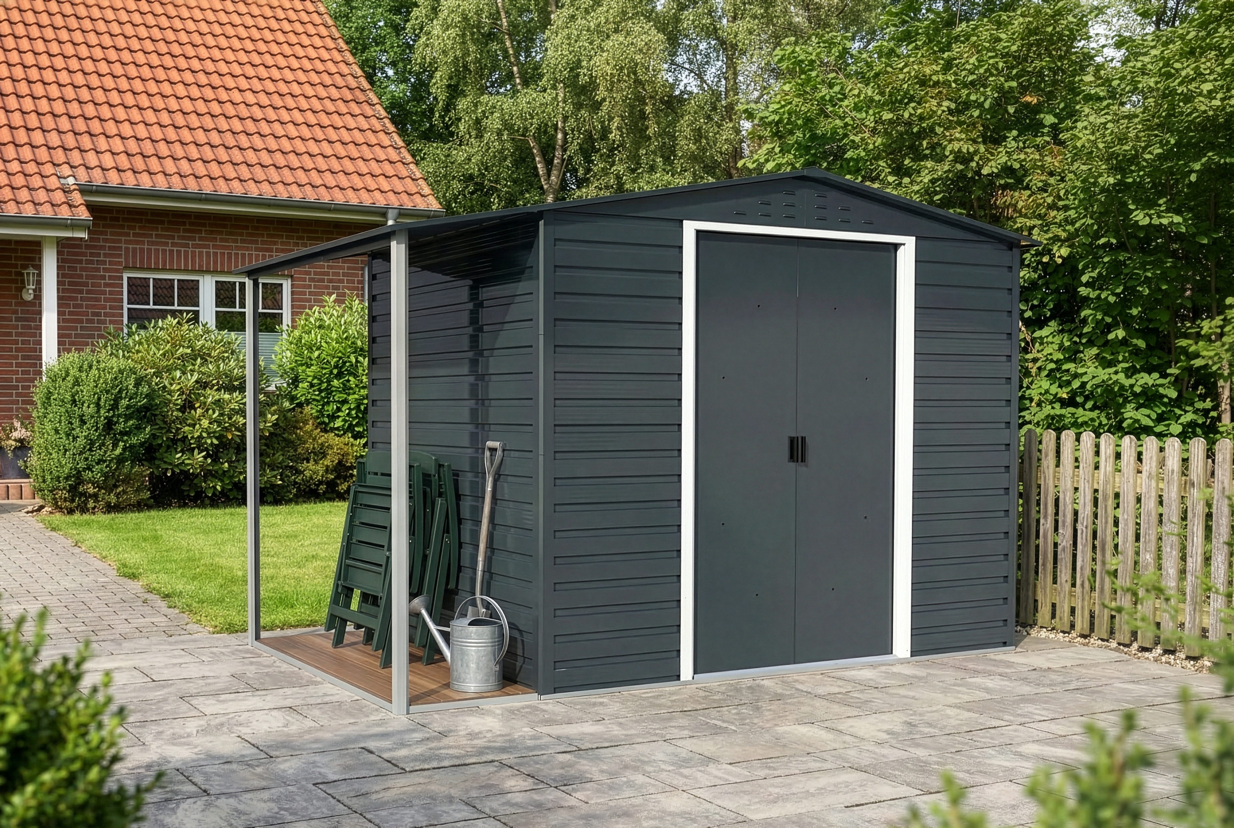 DURAMAX Gerätehaus DURAMAX Metall-Alpine 2,4x1,8m mit Anbau, BxT: 320,9x183 cm, in Anthrazit mit 0,31mm Wandstärke