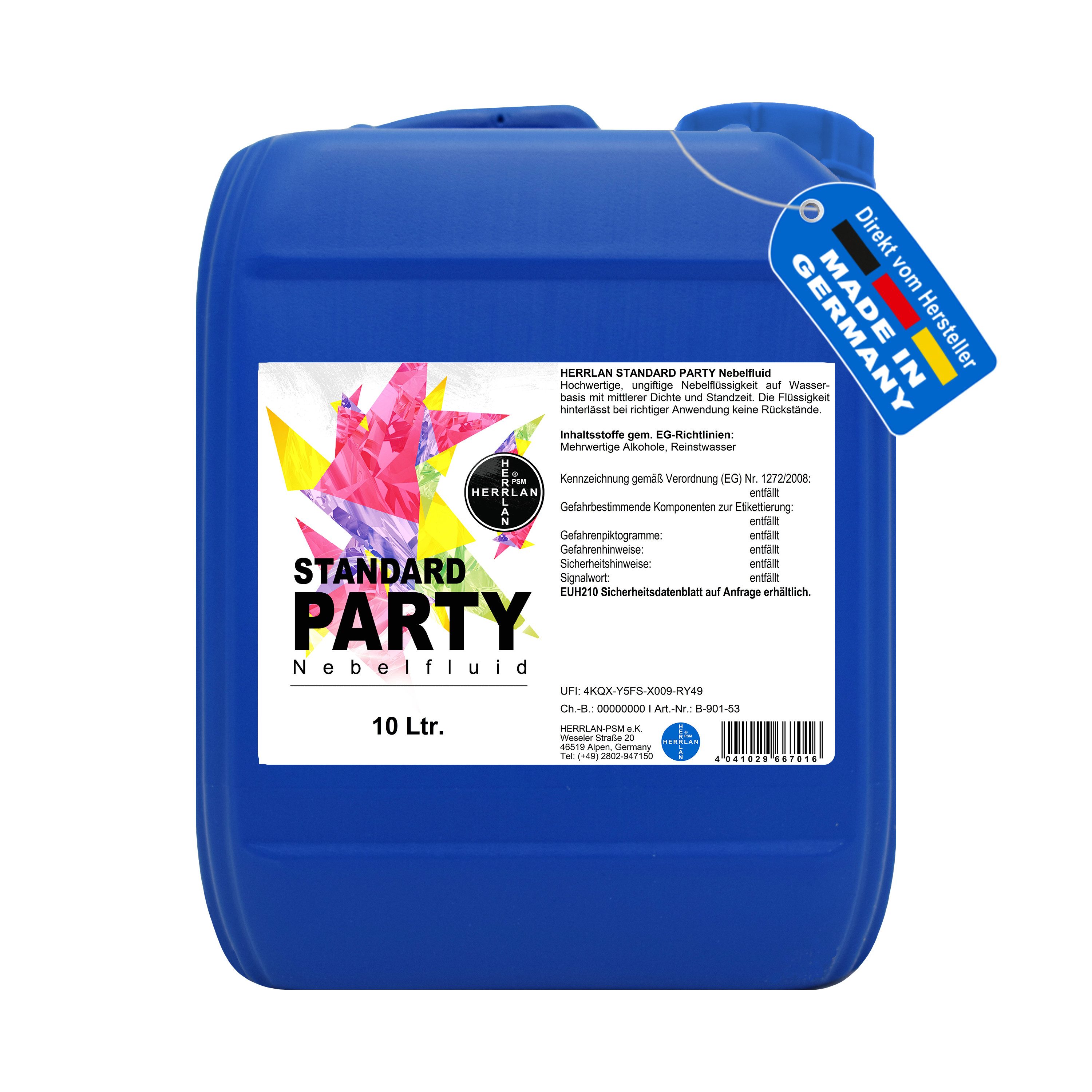 HERRLAN Discolicht STANDARD PARTY Nebelfluid universelle wasserbasierte Nebelflüssigkeit, 10 Liter, mit mittlerer Dichte und Standzeit