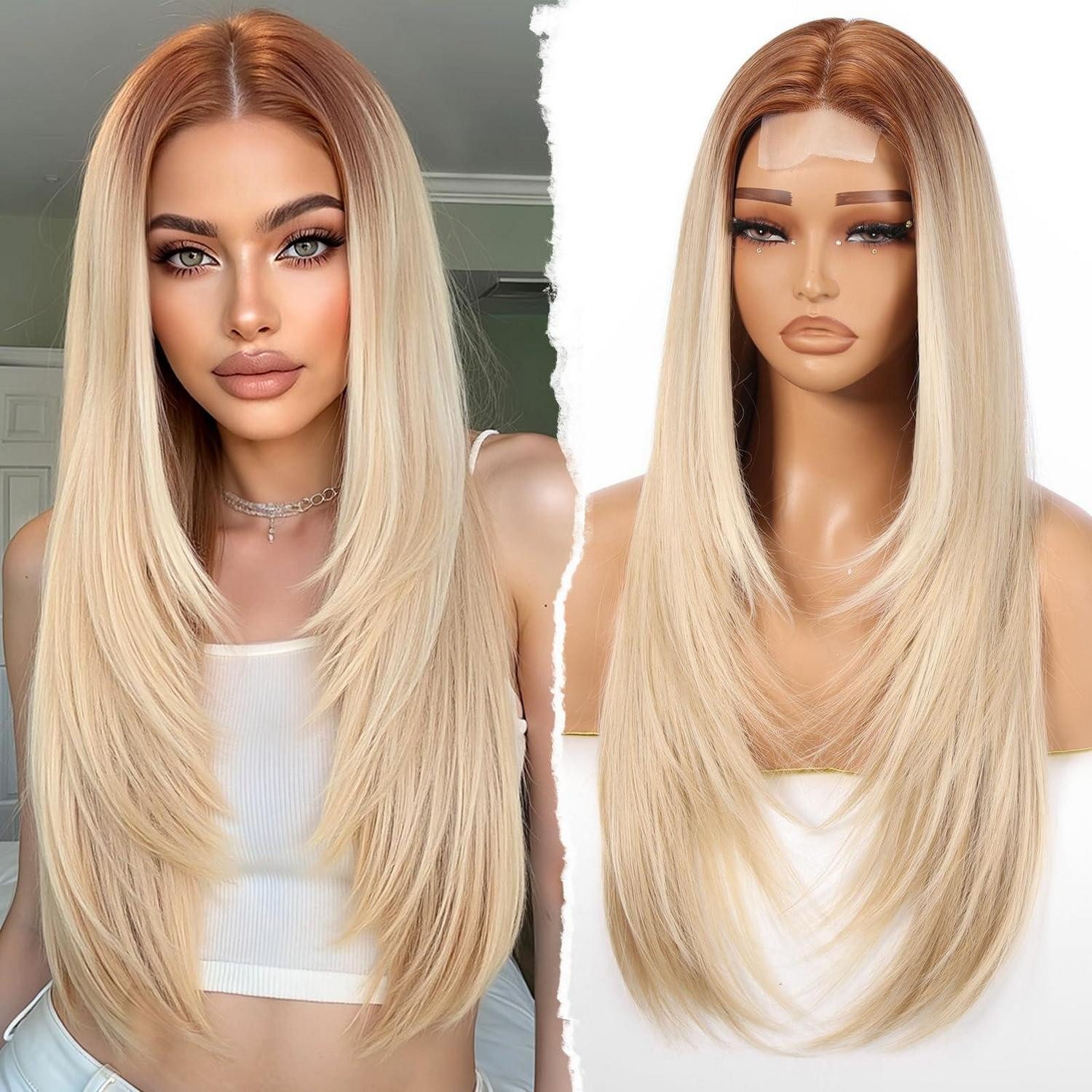 LuxusKollektion Kunsthaarperücke Perücke Damen Blond Mittelscheitel 26 Zoll Synthetik Strähnchen Blond
