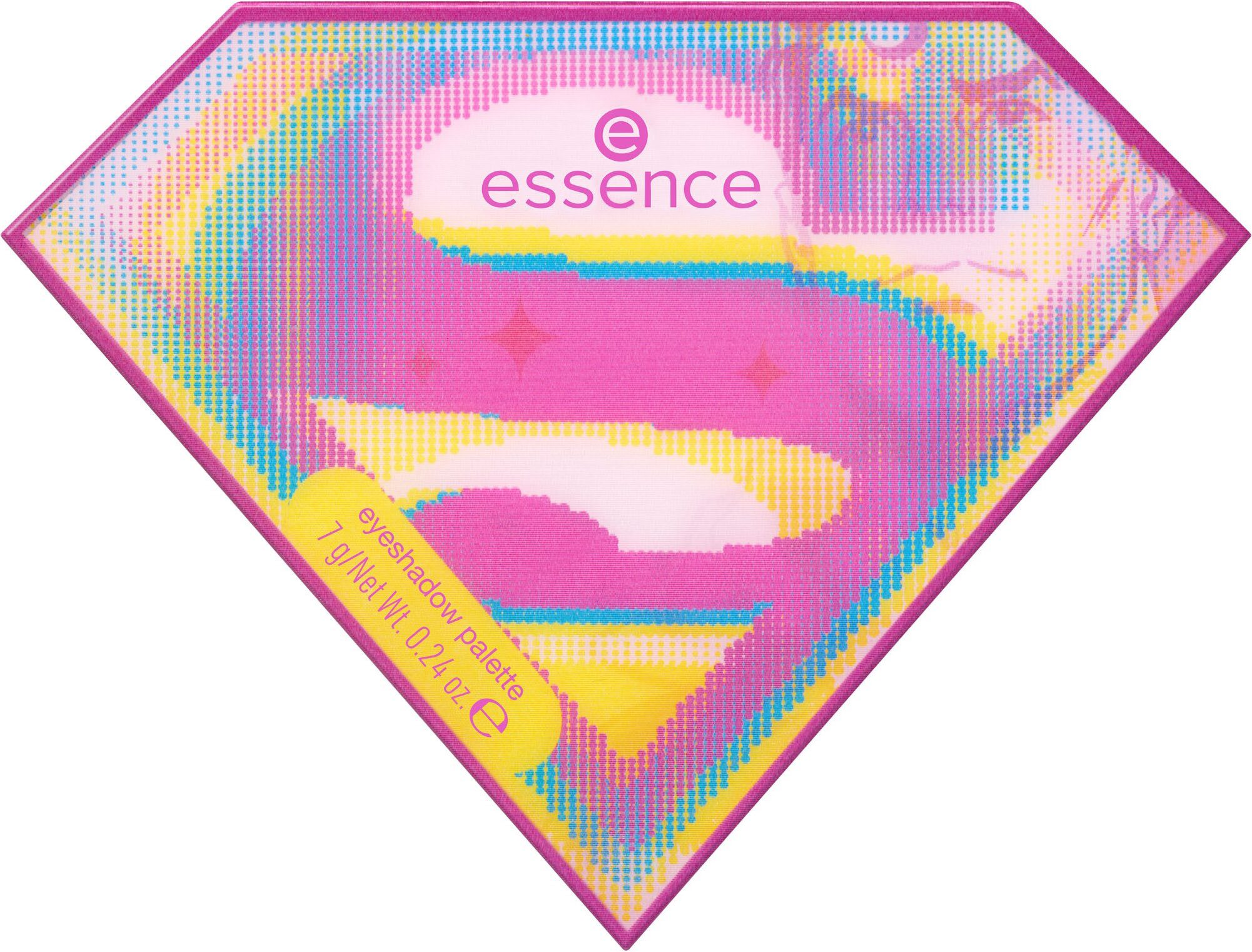 Essence Lidschatten-Palette Superman eyeshadow palette, Hochpigmentiert mit matten, schimmernden und metallischen Texturen.
