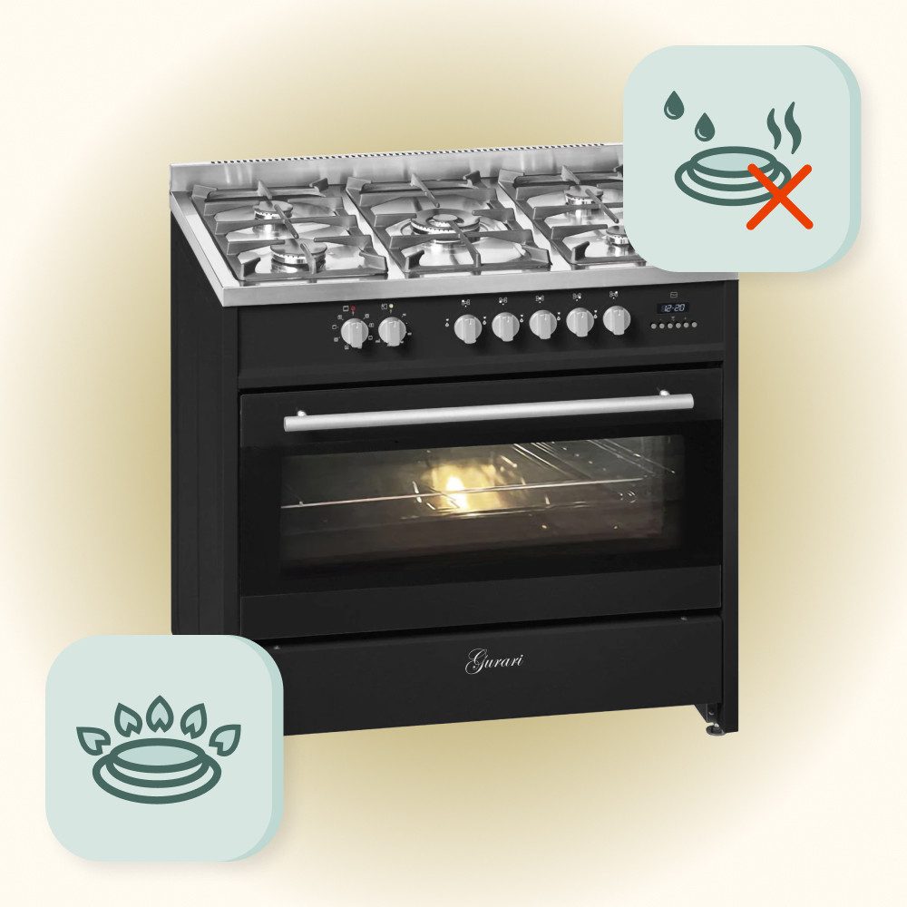 GURARI Gas-Standherd 90 cm Range Cooker 121L+Dunstabzugshaube 90 cm GCH E 911 BL+GCH S 411 90 BL PRIME N, mit 1-fach-Teleskopauszug