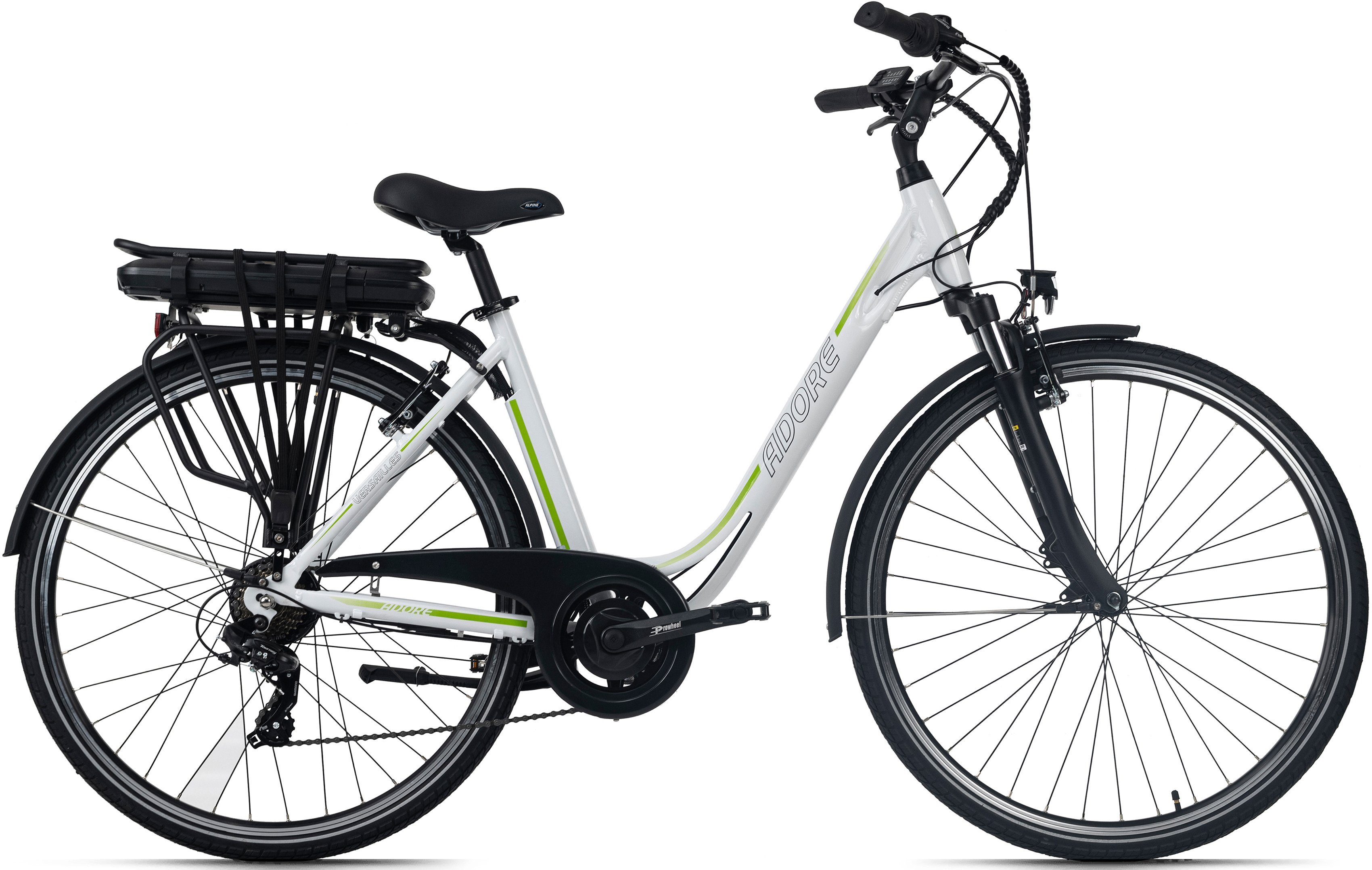 Adore E-Bike Versailles, 7 Gang Shimano Tourney Schaltwerk, Kettenschaltung, Heckmotor, 374,4 Wh Akku | E-Citybikes