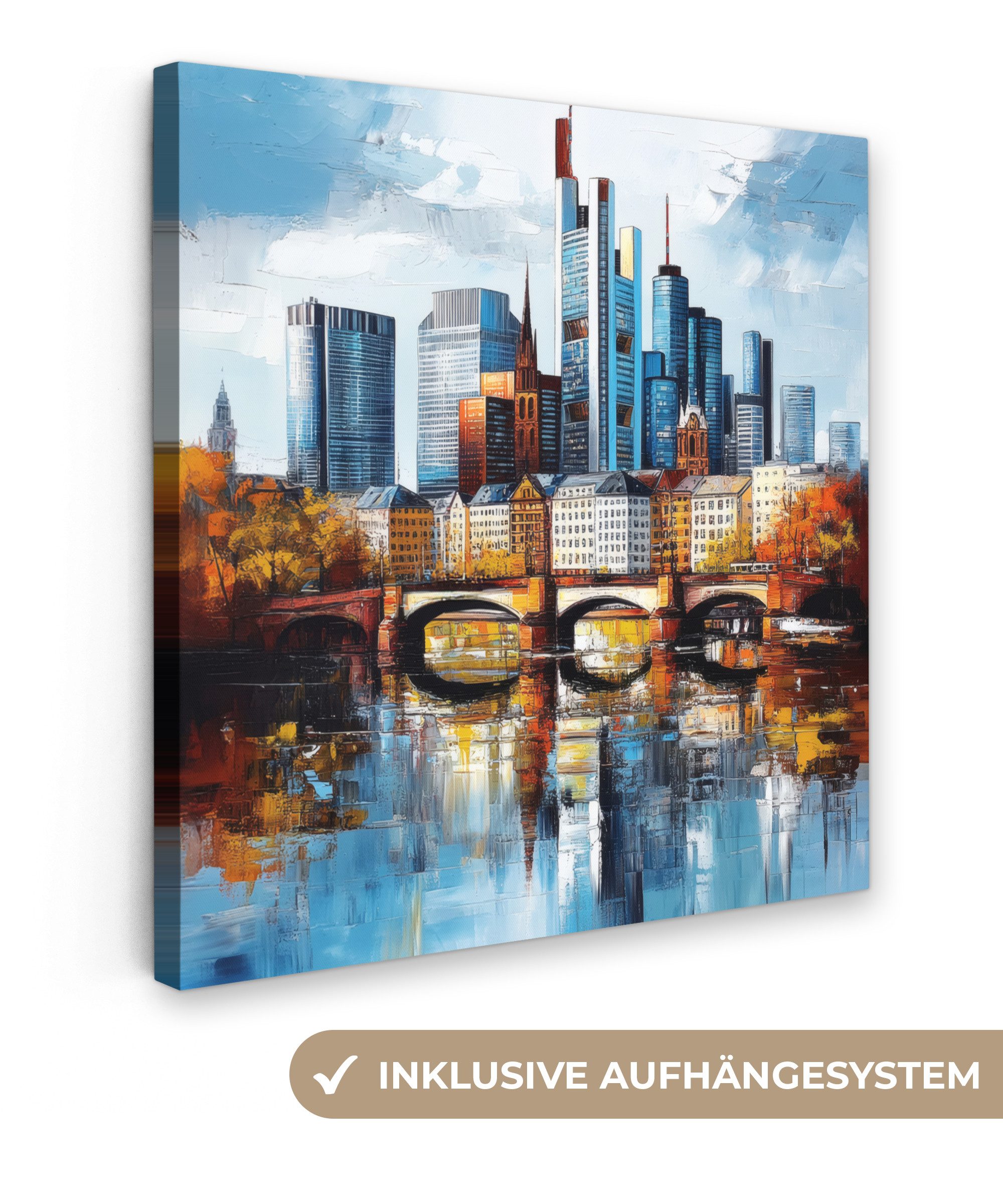 OneMillionCanvasses® Leinwandbild Bäume Frankfurt - Stadt - Skyline - Brücke, Fotodruck (1 St), Wandbild, Deko Schlafzimmer Wohnzimmer Flur 20x20 cm