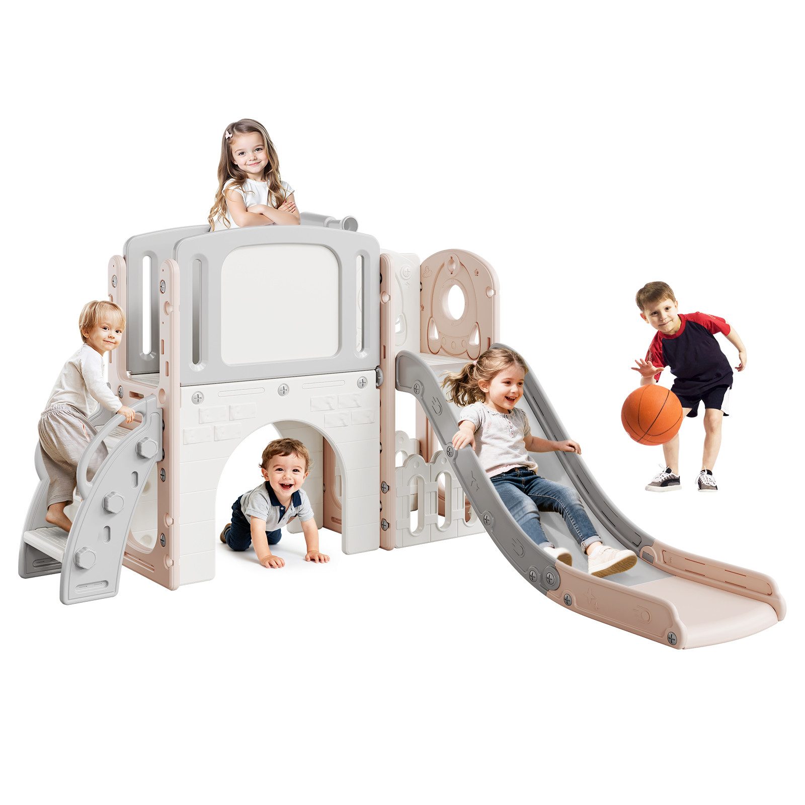 GarveeMore Rutsche Kinderrutsche 8-in-1 Für Kleinkinder, Indoor & Outdoor Rutsche, Mit Basketballkorb, Klettergerüst, Schaukel