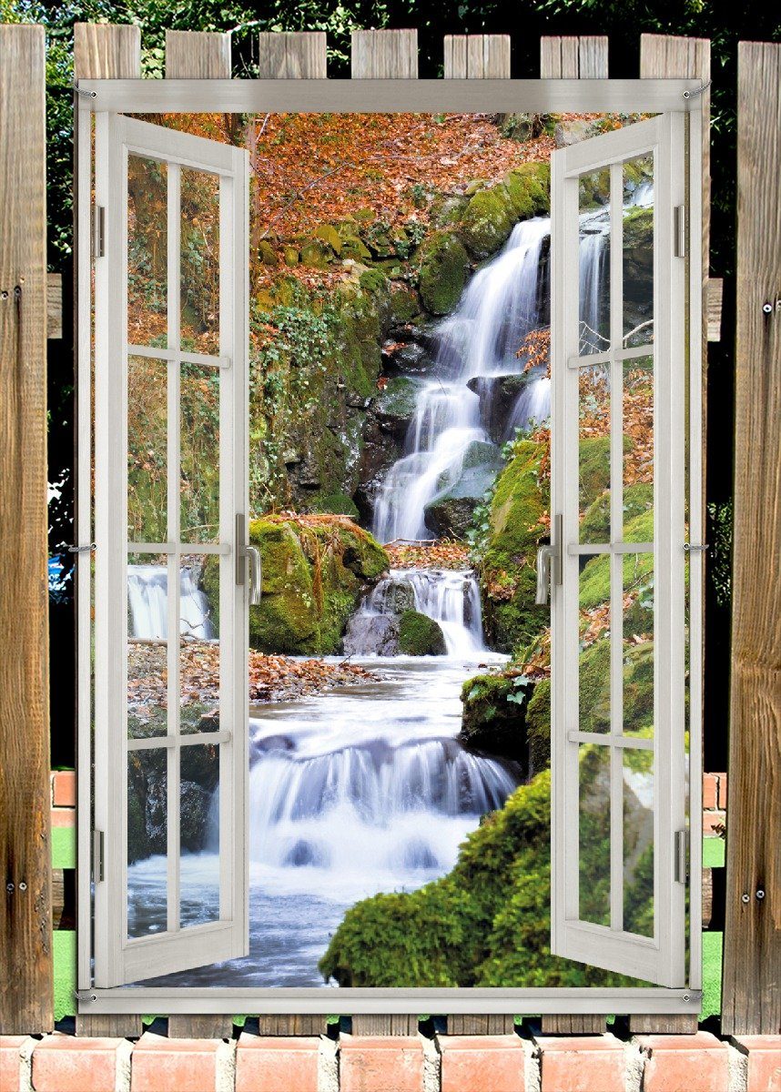 Thumbnail - Wallario Sichtschutzzaunmatten Bach im Wald, mit Fenster-Illusion