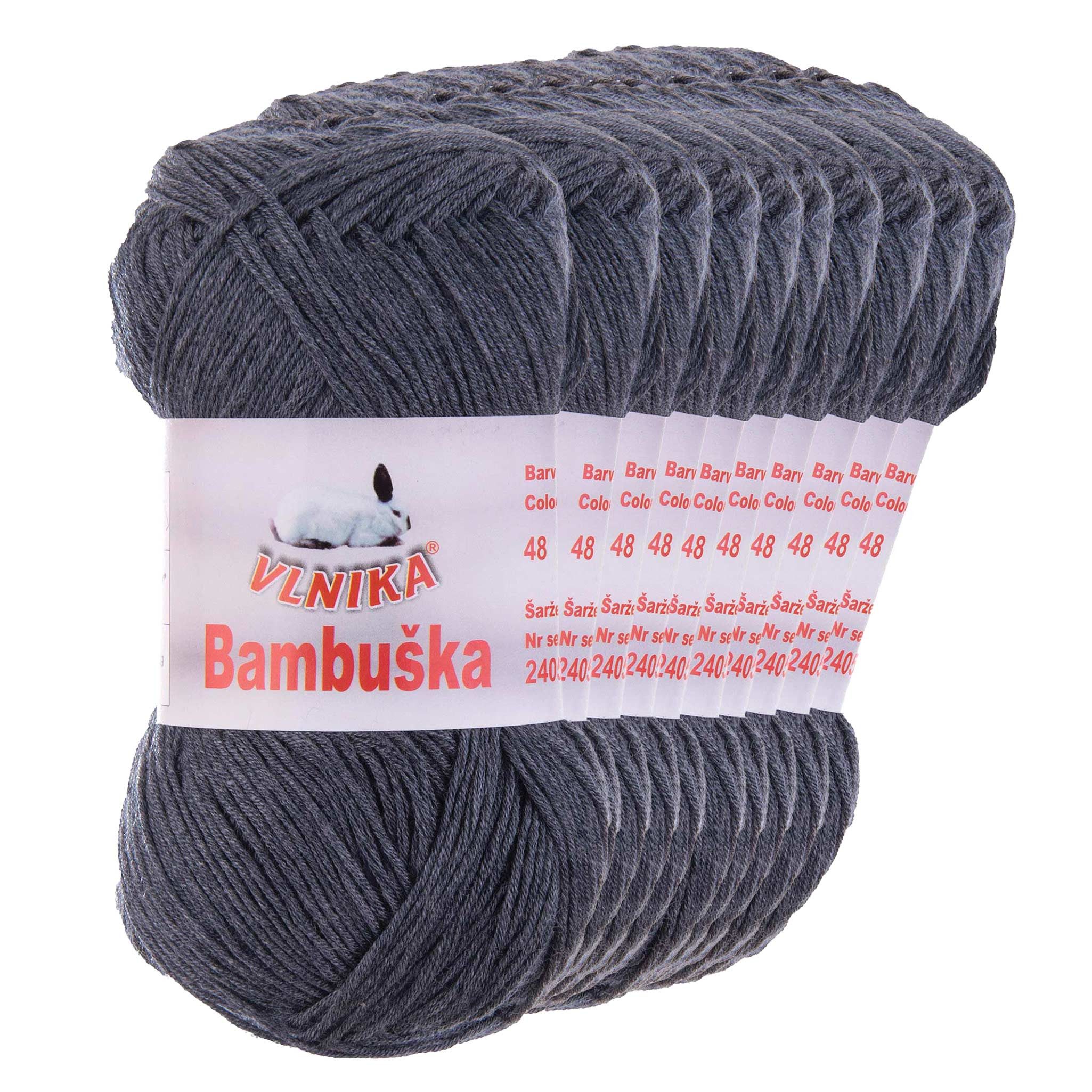 VLNIKA 10 x 50g Häkelgarn Bambuska Sommergarn Strickgarn Baumwolle Viskose Häkelwolle, 205 m (Sparpaket, 10 x 50g Knäuel), 48 dunkelgrau