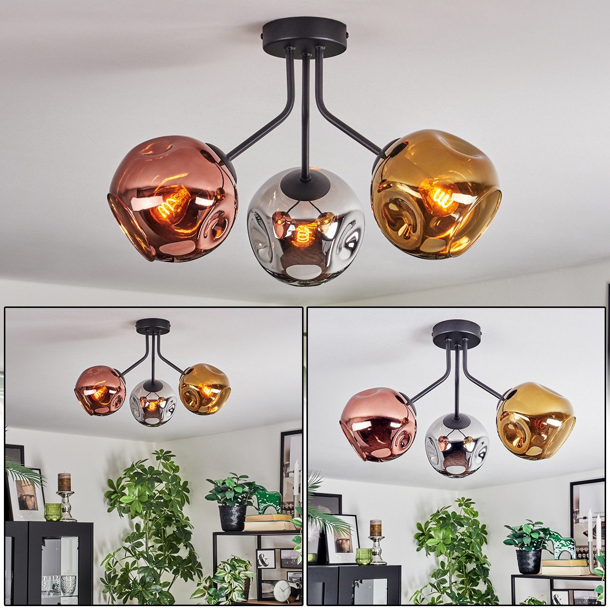 hofstein Deckenleuchte Deckenlampe aus Metall/Glas in Schwarz/Chrom/Rauch/Kupfer/Gold, Deckenleuchte im Retro/Vintage-Design (Schirme Ø 15 cm), 3 x E14