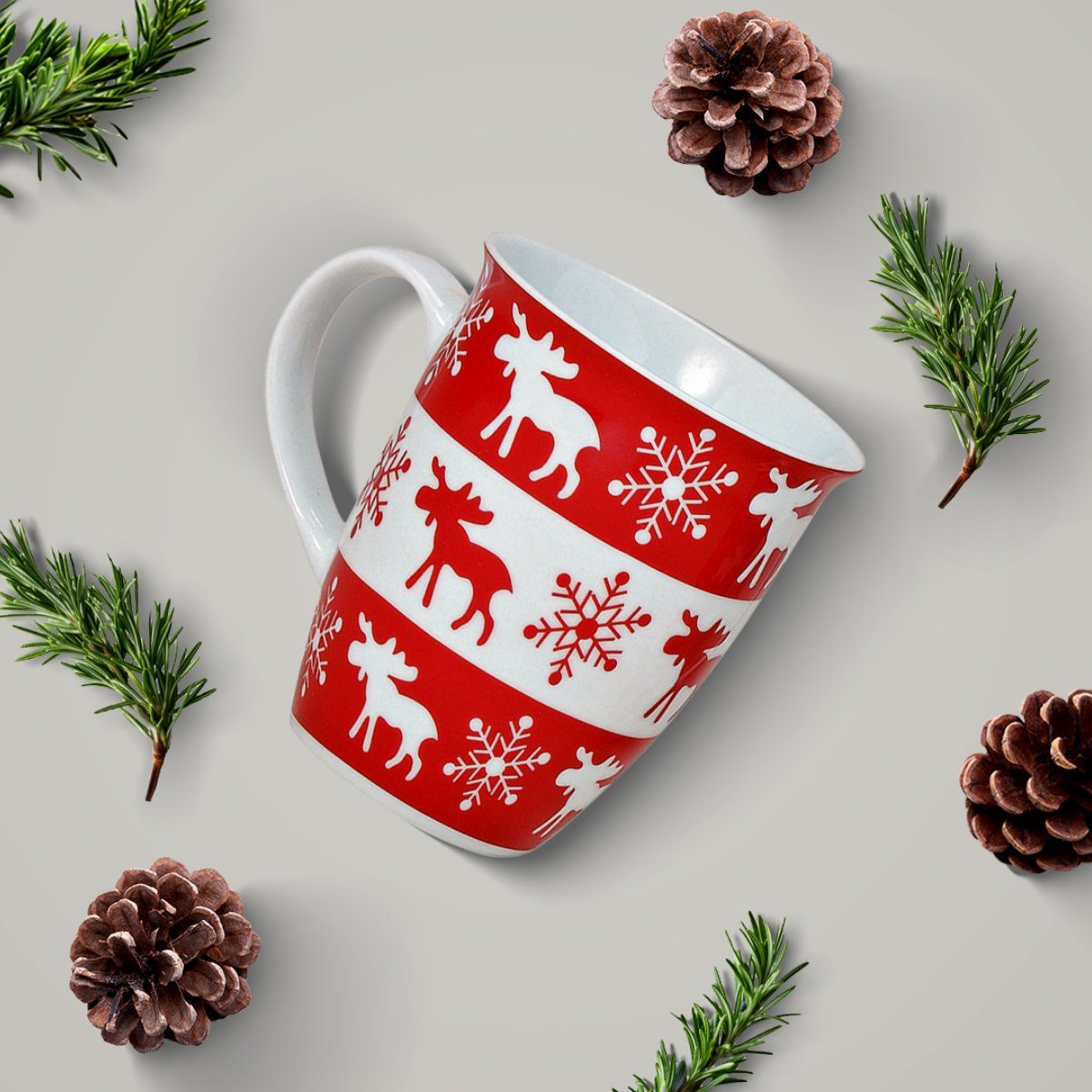 matches21 HOME & HOBBY Tasse Weihnachtstassen 36er Set Skandi Elche gestreift Kaffeetassen, 36-tlg., Porzellan, Tee Kaffee-Becher Weihnachten modern rot weiss 250 ml