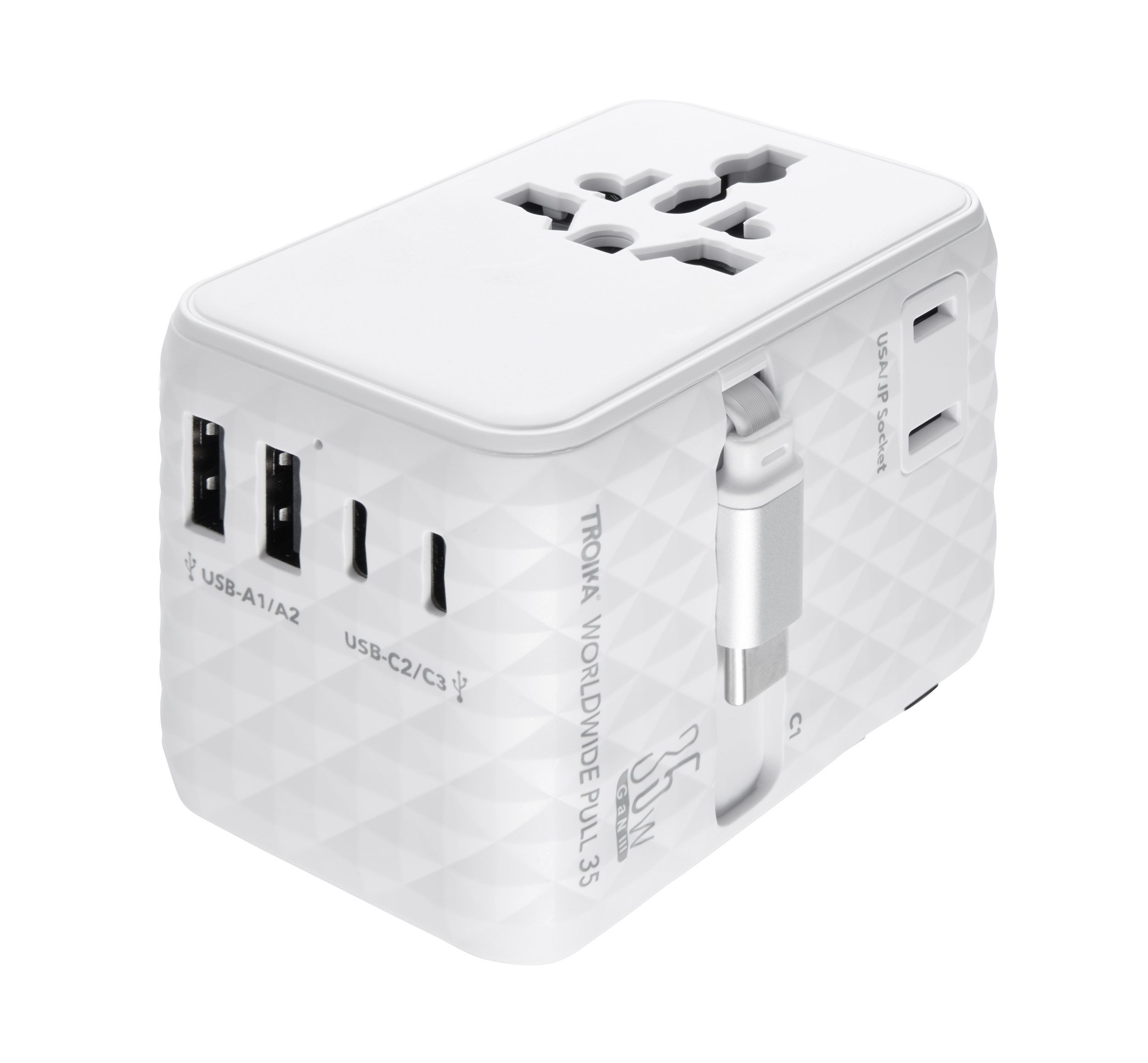 TROIKA WORLDWIDE PULL 35, für über 200 Länder GaN3 Schnellladen 35W USB-C Reiseadapter EU/USA/AUS/CHN/UK/JP zu USB-A, USB-C, 75 cm, ausziehbares Kabel, 6 Geräte gleichzeitig laden, universaladapter