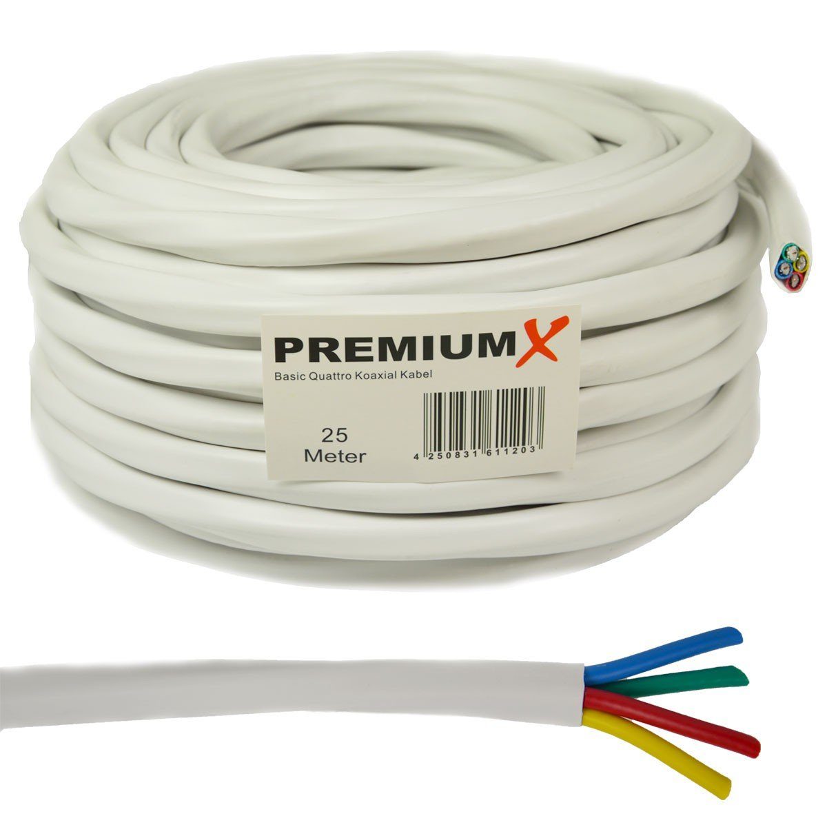 Koaxial 90dB SAT-Kabel Quad SAT Quattro F-Stecker PremiumX 16x Weiß Basic Kabel 25m