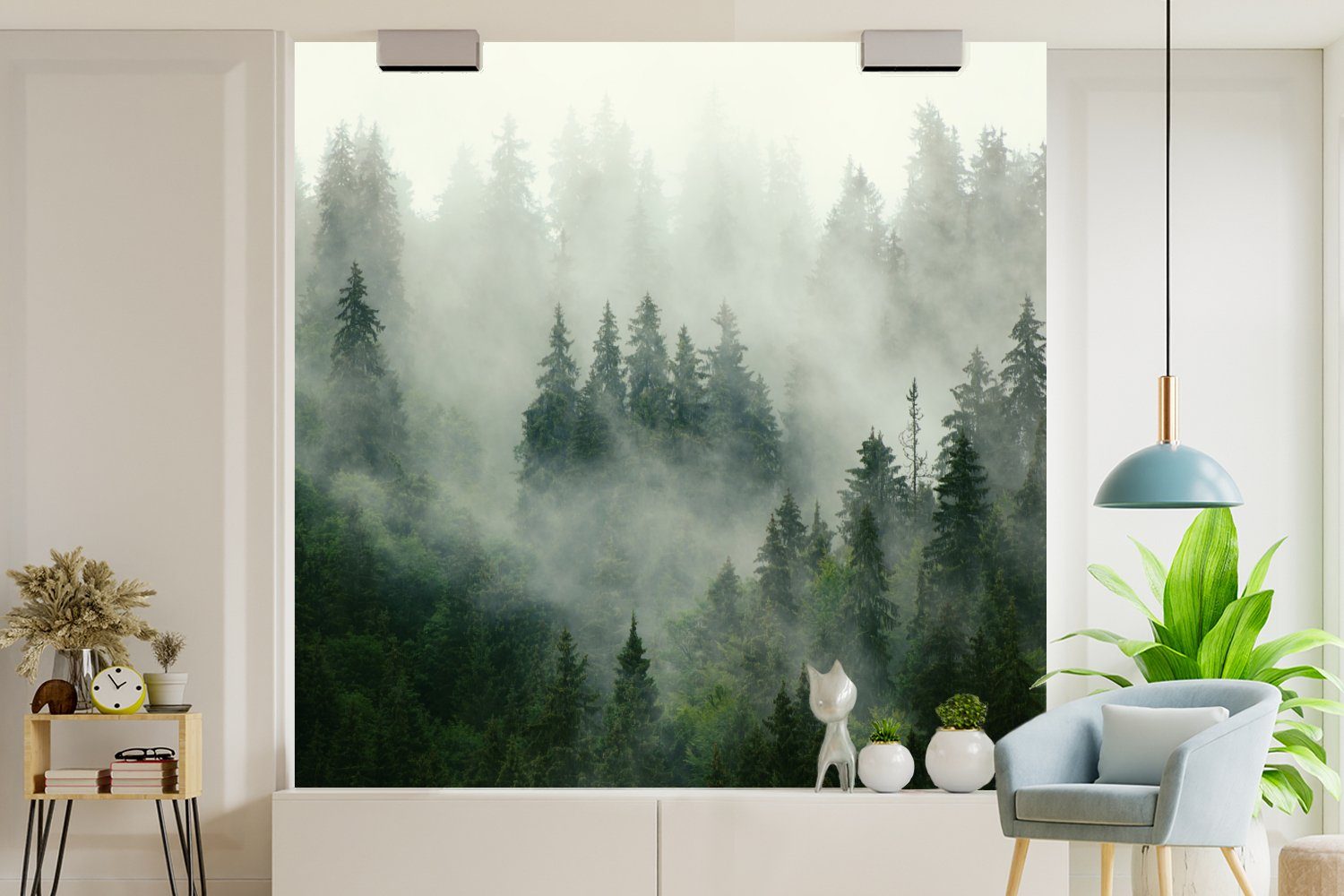 Bäume Wandtapete - - Schlafzimmer, für Nebel St), Matt, - oder (5 Fototapete Natur, Tapete Wohnzimmer MuchoWow Wald bedruckt, Vinyl