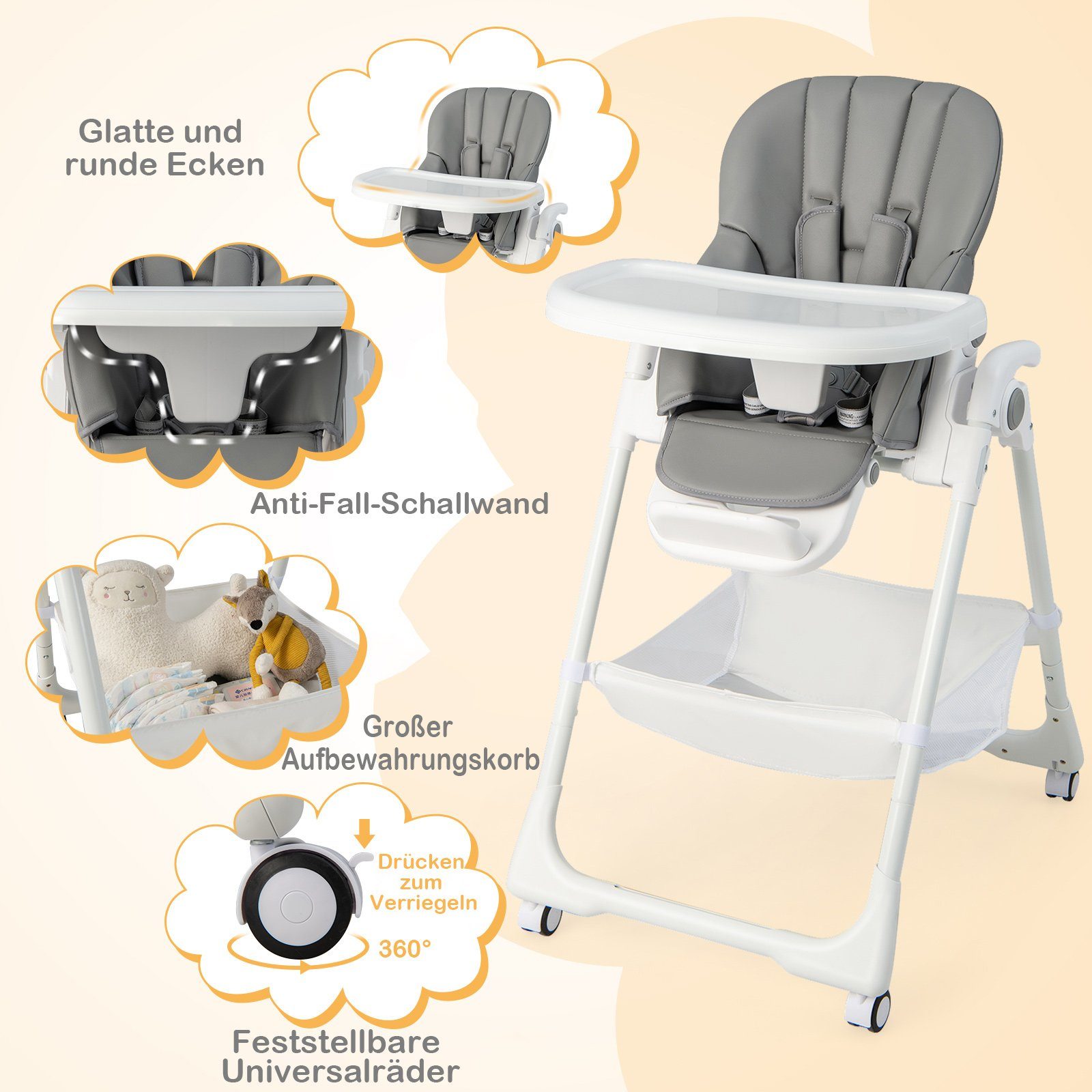 COSTWAY Babyhochstuhl Klappbar – 7-fach Höhenverstellbar, Mit Tablett, 5-Punkt-Gurt & Korb (6-36 Monate)