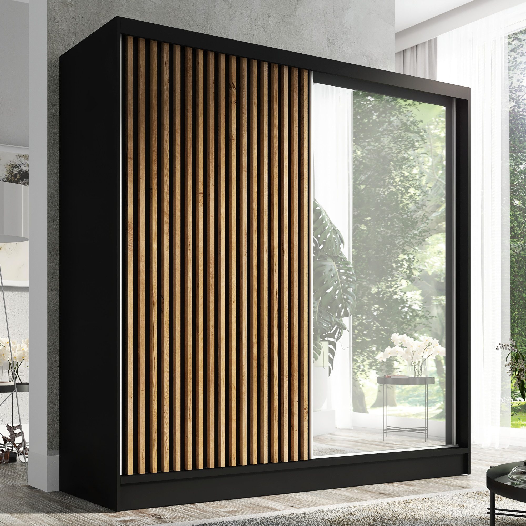 A&J MöbelLand GmbH Schiebetürenschrank LINA mit 3 Schubladen, 3D-Lamellen und Spiegel (TOP ANGEBOT! Geräumiger Schrank mit einer Breite von 200 cm und Spiegel, ideal zur Aufbewahrung von Kleidung und Accessoires. 3 Schubladen und viel Stauraum. TOP PRODUKT! Wählen Sie das ideale Modell für Ihr Schlafzimmer!, Inclusive 3 Schubladen) Breite: 200 cm, Höhe: 215 cm, Tiefe: 59,5 cm