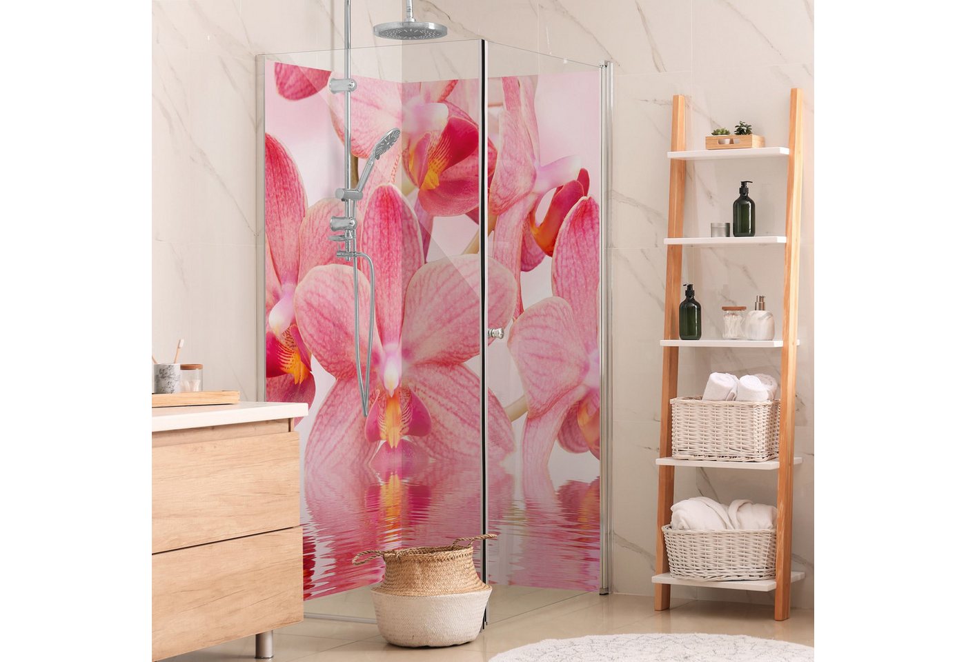 Thumbnail - Bilderdepot24 Badrückwand Blumen pink Duschrückwand ohne Bohren Dusche Fliesenersatz, (2-tlg., Hart-Folie Premium matt 0...