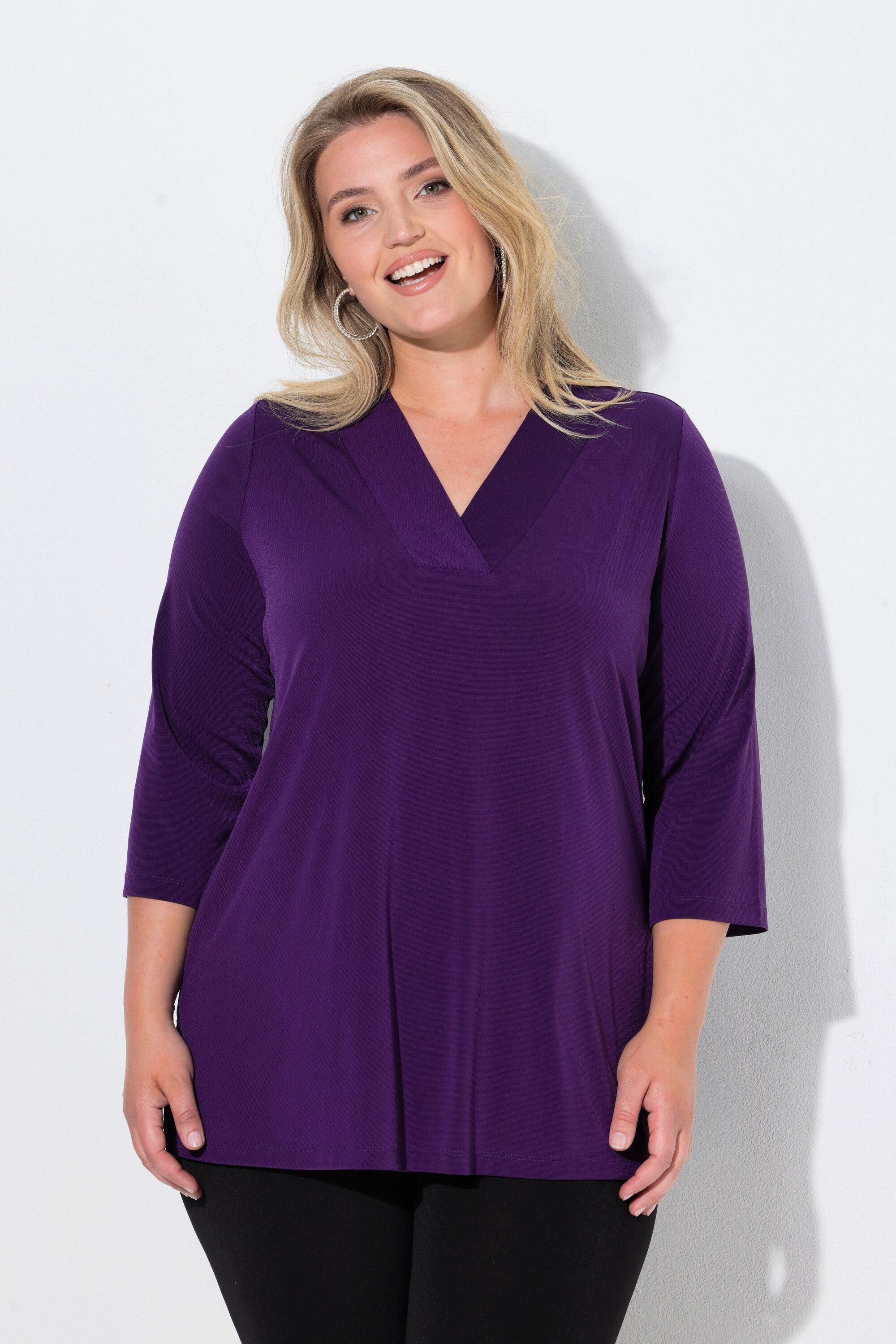Ulla Popken Longshirt Longshirt A-Linie V-Ausschnitt 3/4-Ärmel