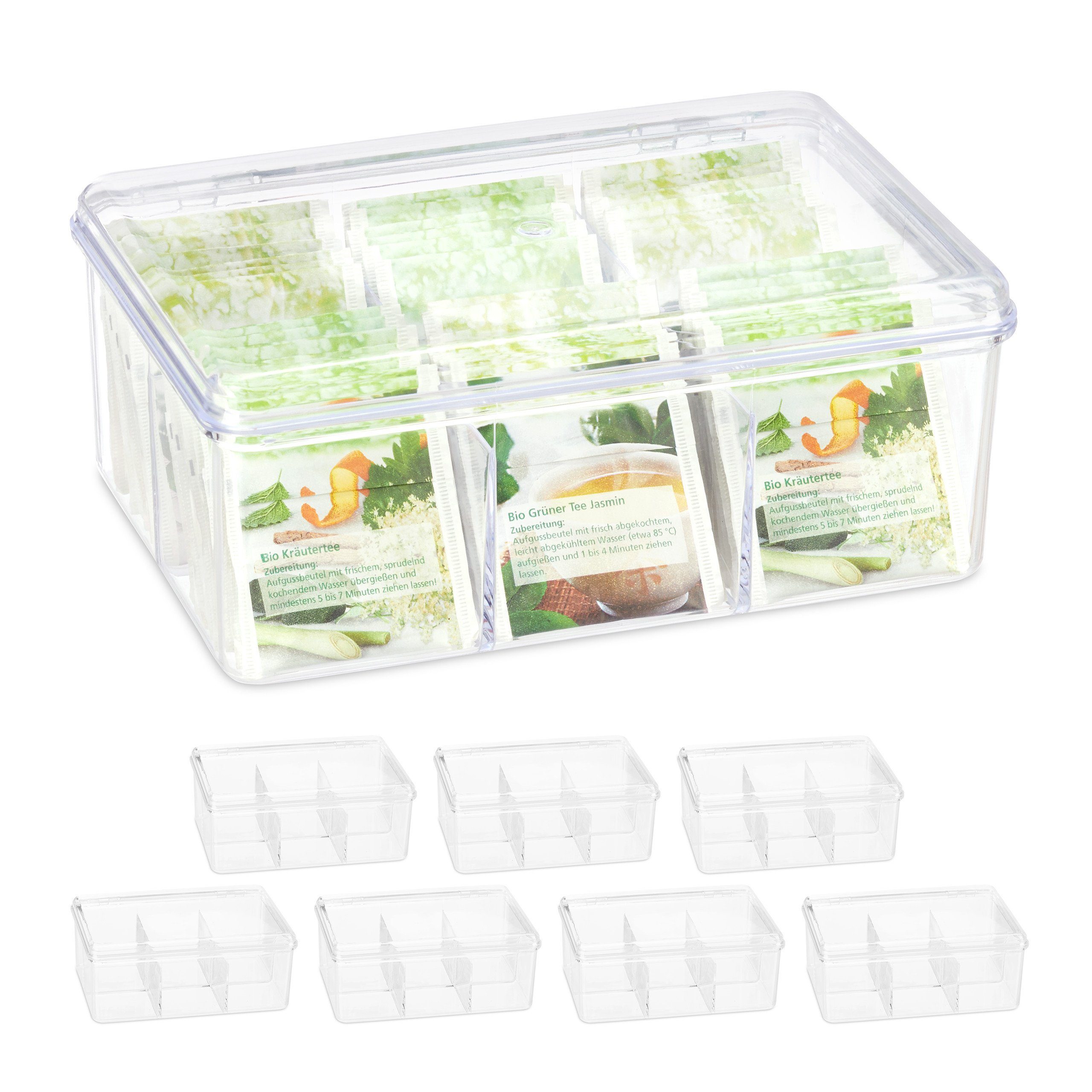 relaxdays Teebox 8 x Teebox transparent mit 6 Fächern, Kunststoff