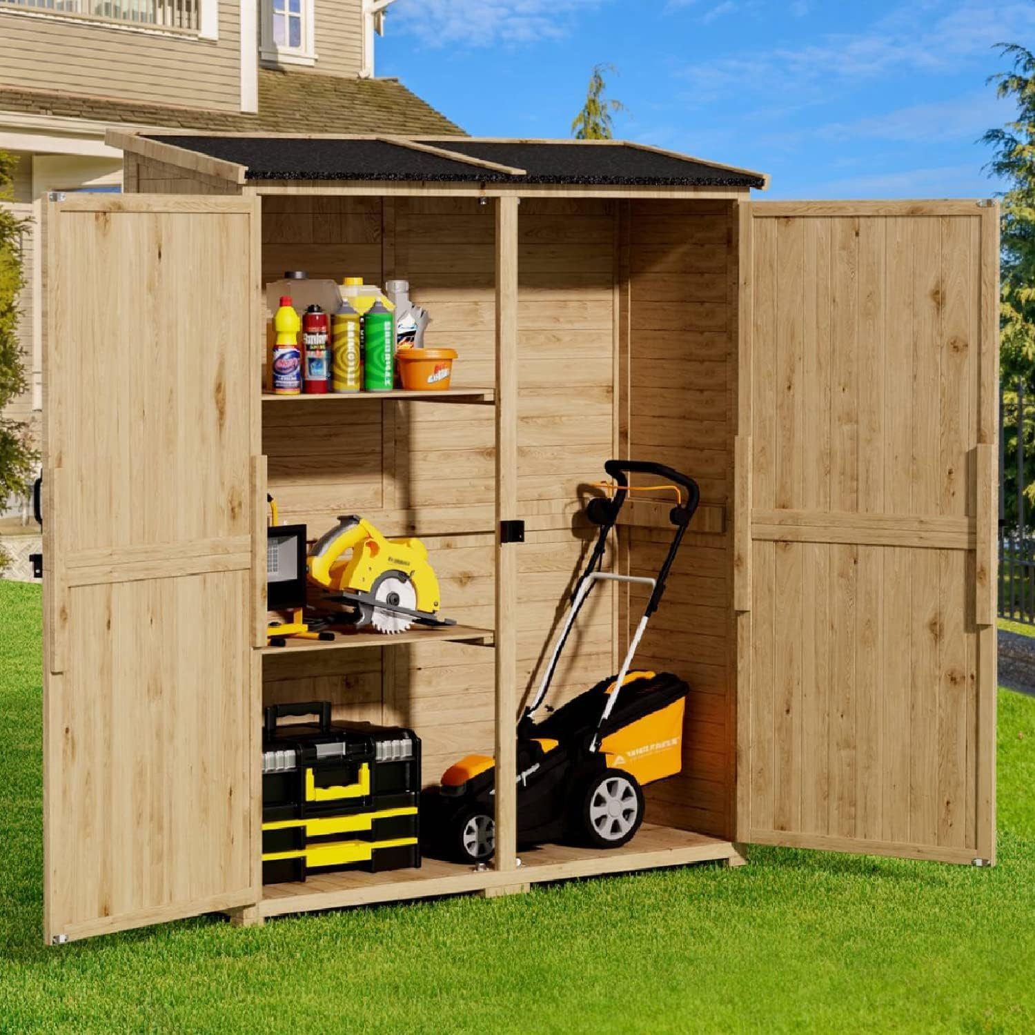 Blishom Gartenhaus Breiter Garten-Geräteschrank mit Doppeltüren, Schrägdach wetterfester, mit Schloss und zwei Einlegeböden, 162 × 140 × 50 cm