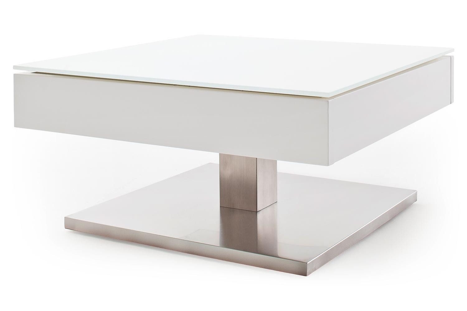 MCA furniture Couchtisch MARIKO, 75 x 75 cm, Edelstahlfarben, Weiß matt, MDF, Metall, Glas, drehbare Deckelplatte, B 75 x H 38 x T 75 cm