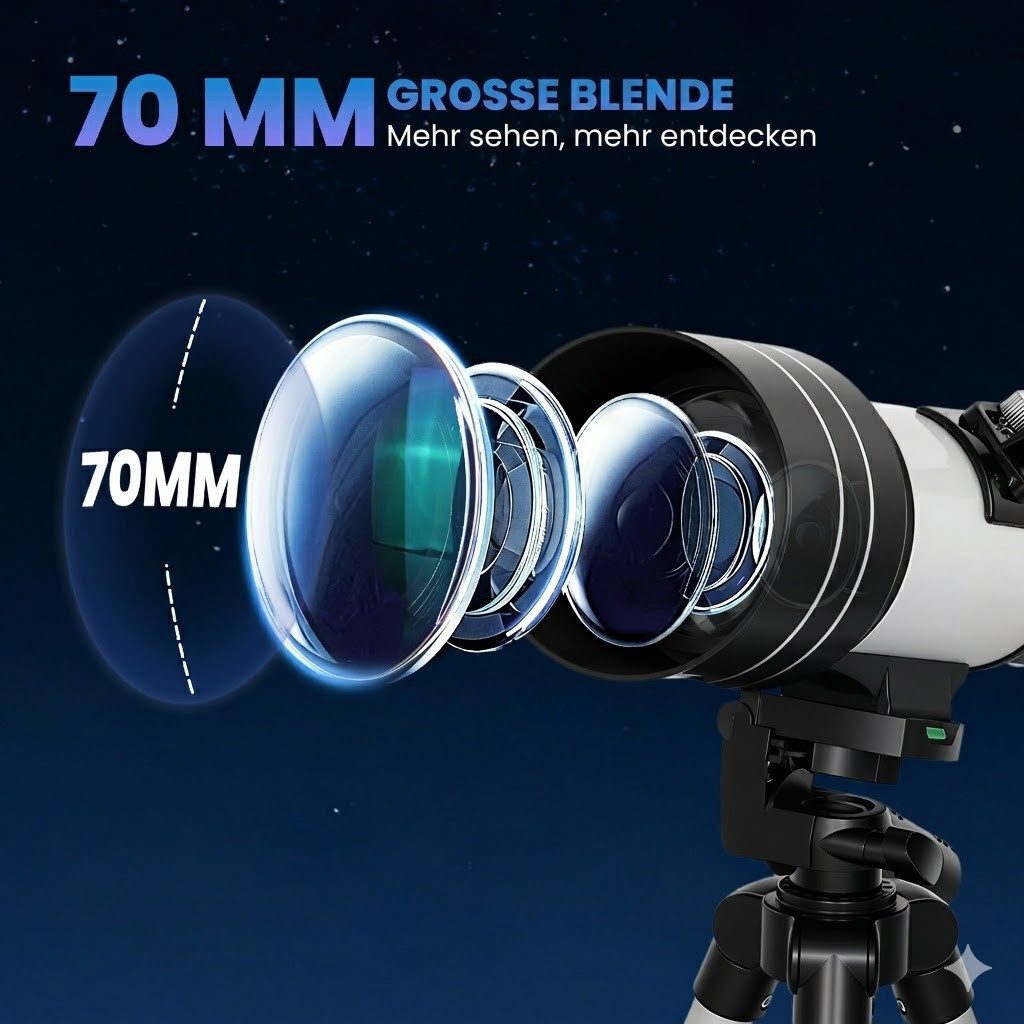 kowdom Linsenteleskop Astronomisches Teleskop 70 mm, Refraktor, 3 Okulare, 100x, weiß, Refraktor, 70 mm, 3 Okulare, 100x, für Einsteiger – Bild 2 von 5