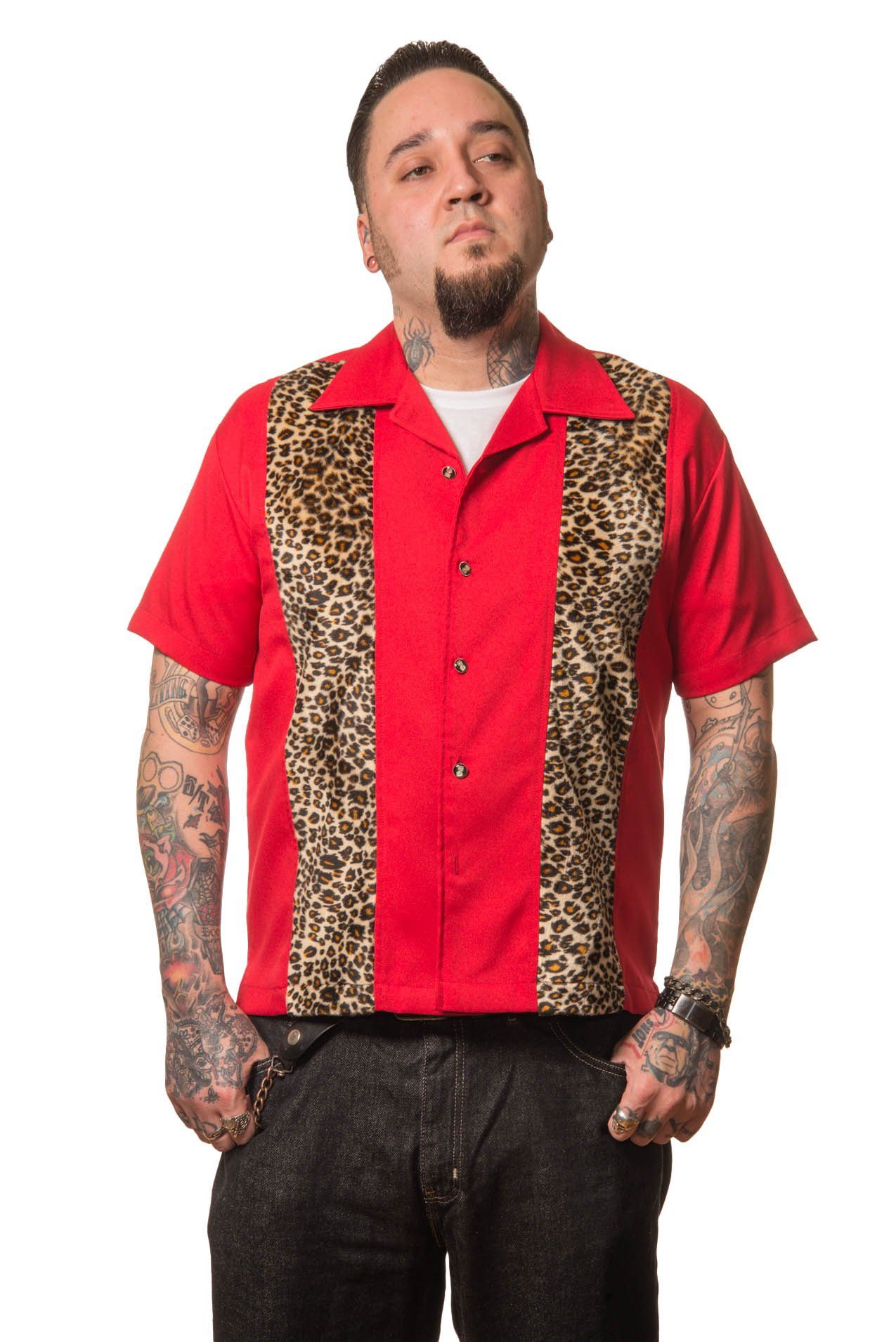 Steady Clothing Kurzarmhemd Leopard Muster Rot Retro Vintage Bowling Shirt Rockabilly