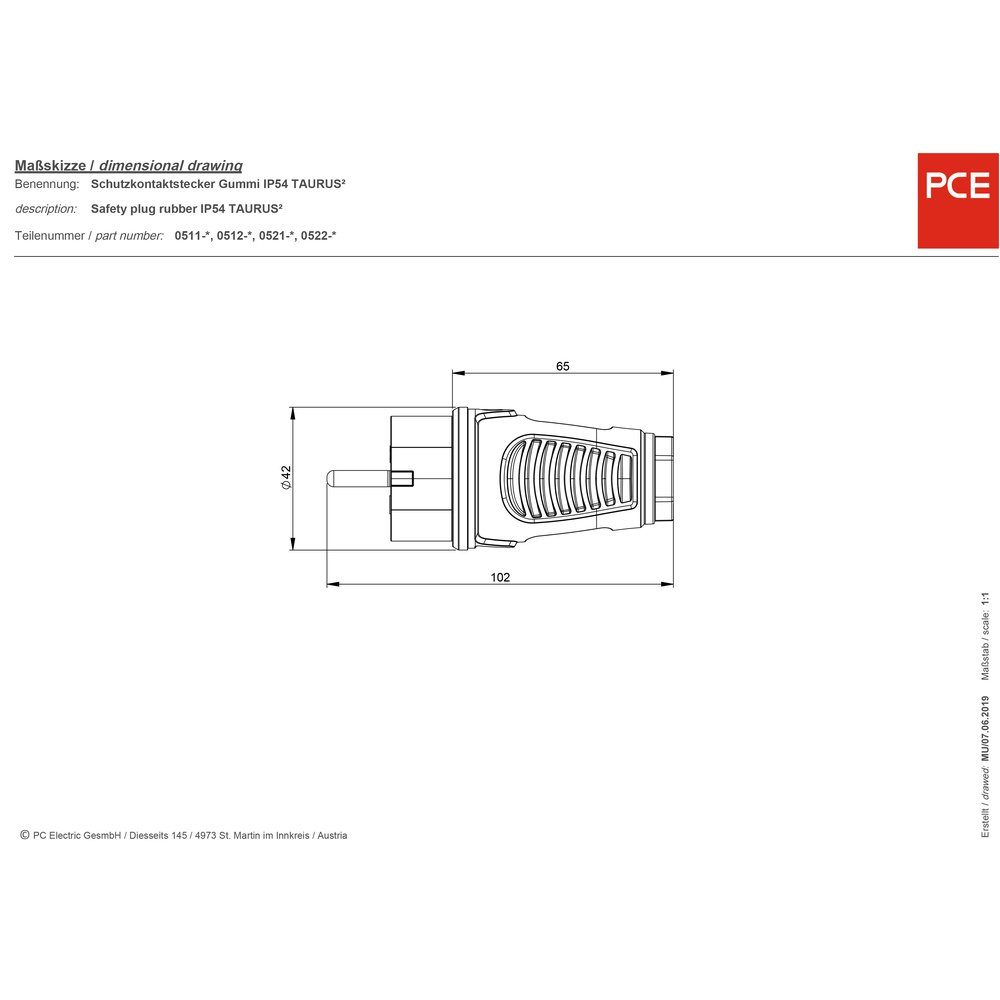 PCE PCE 0512-sr Schutzkontaktstecker Vollgummi, Thermoplast 250 V Schwarz Steckernetzteil