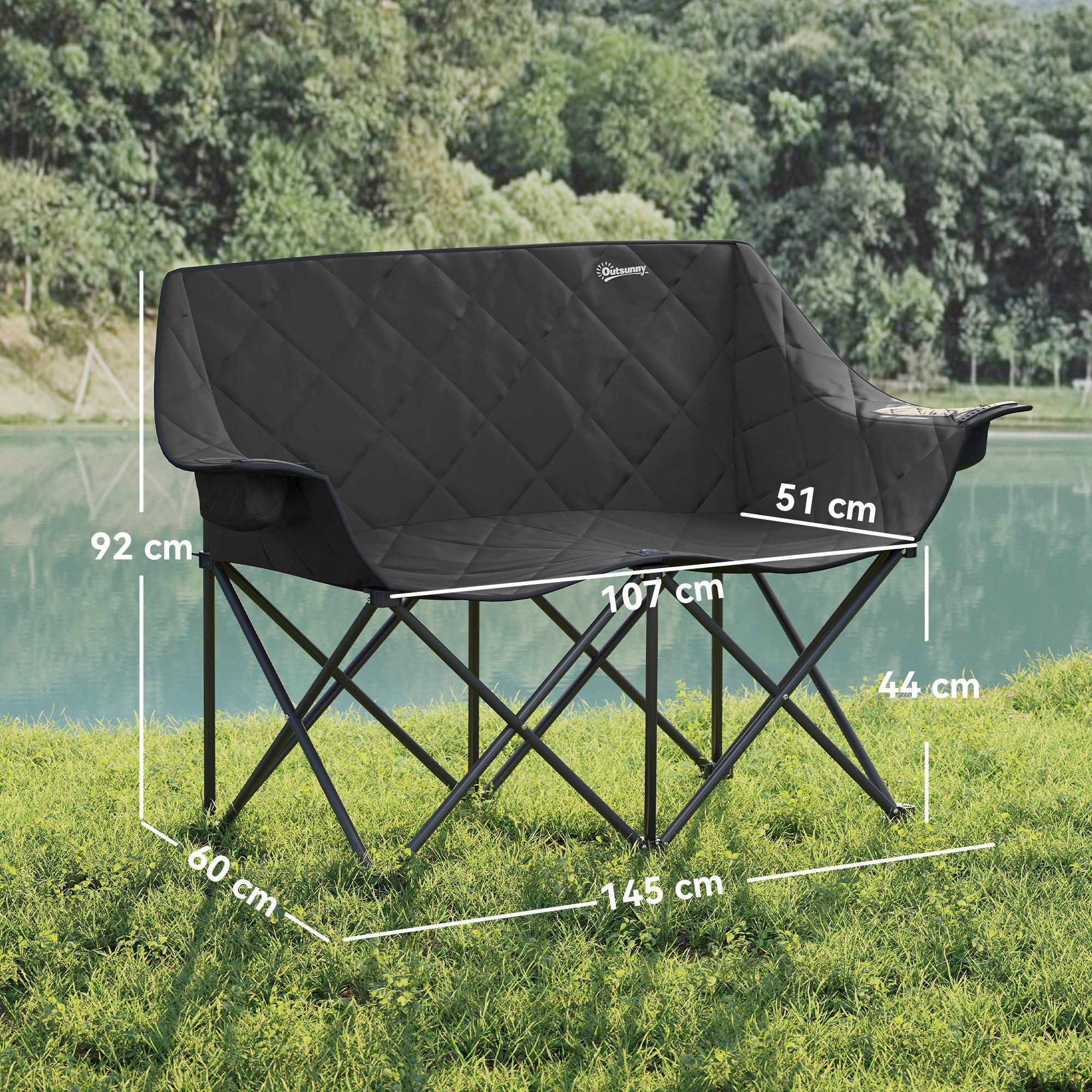 Outsunny Campingstuhl Klappstuhl mit Kühltaschen Tragetasche Angelstuhl Gartenstuhl (2 Sitzer Faltstuhl, 1 St), bis 250kg belastbar, für Garten Camping Strand
