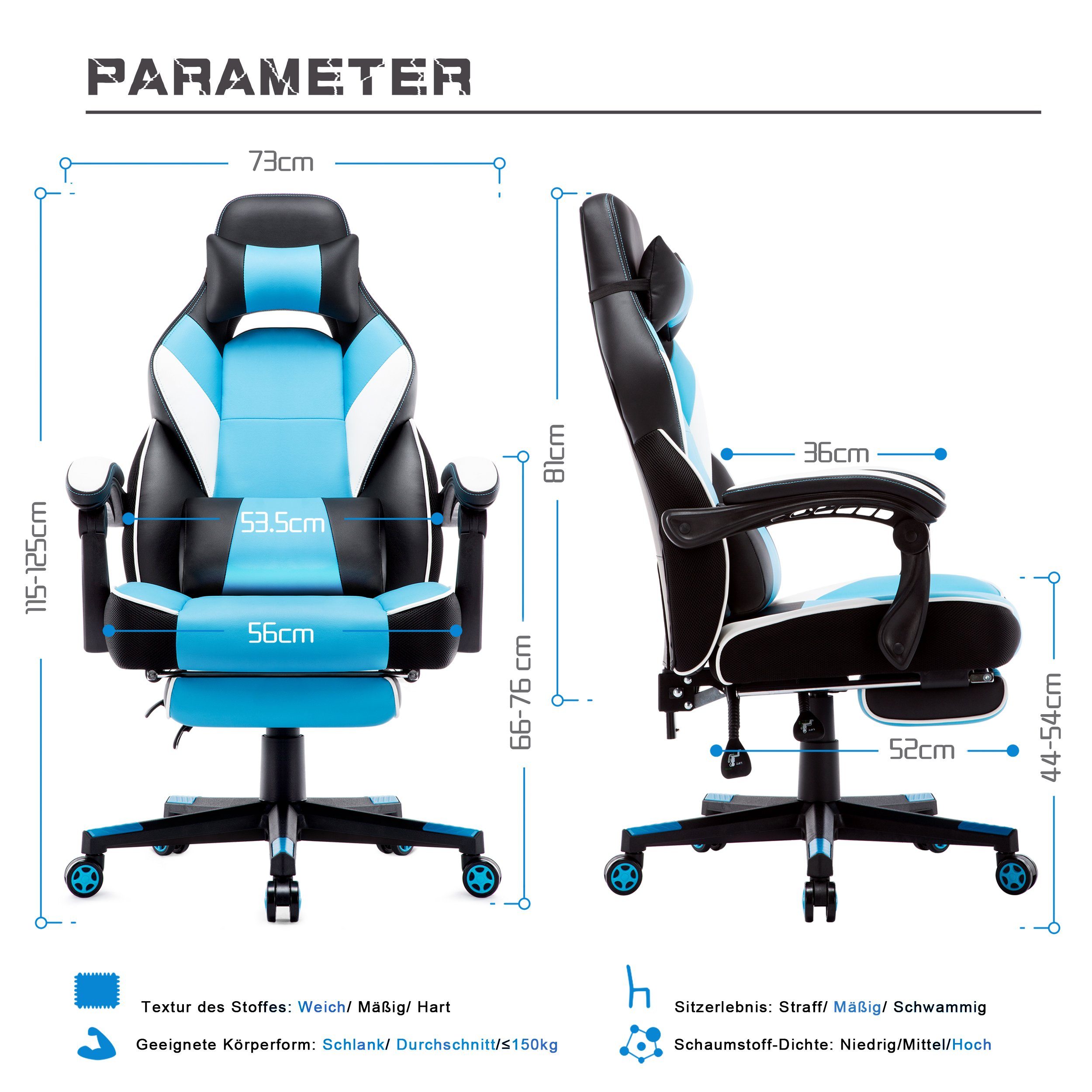 Intimate WM Heart Gaming-Stuhl mit blau Hoher Fußstützen Rückenlehne und