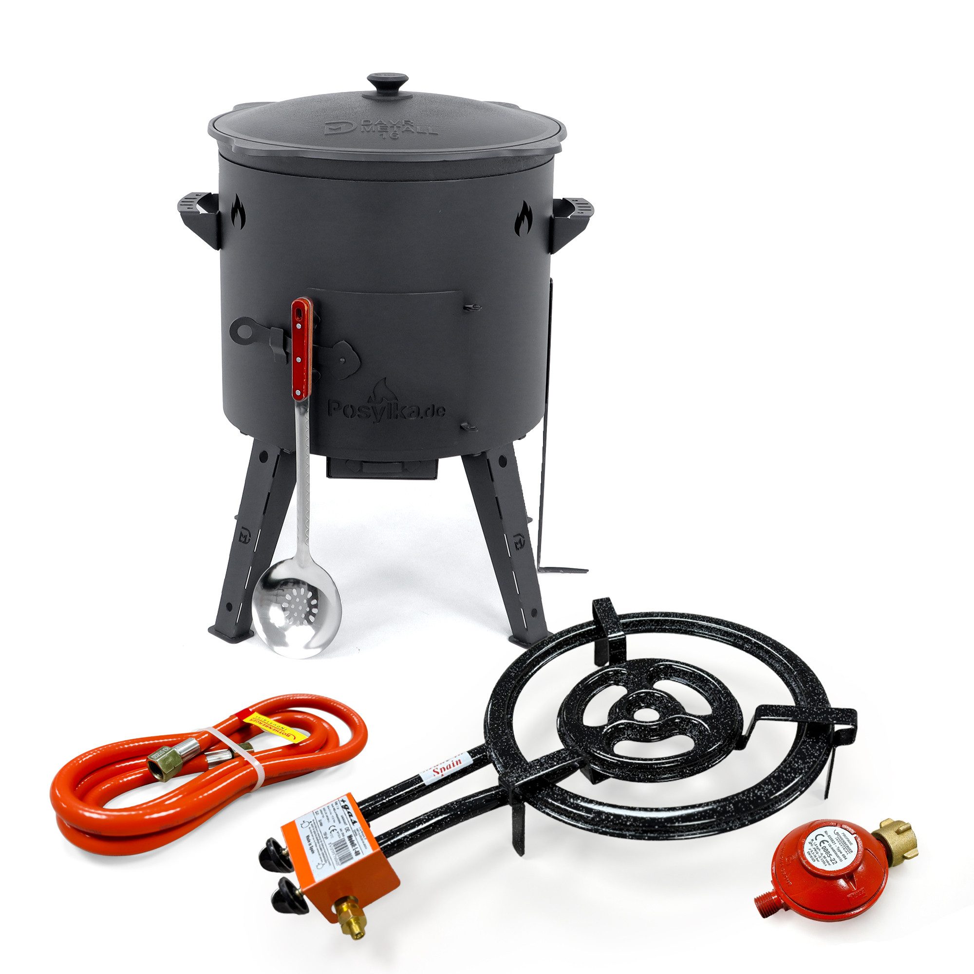 Feuerstelle Kazanofen Ø 44 cm Set Kazan 16 L flach Gasbrenner Schaumlöffel Kessel, (8-St)