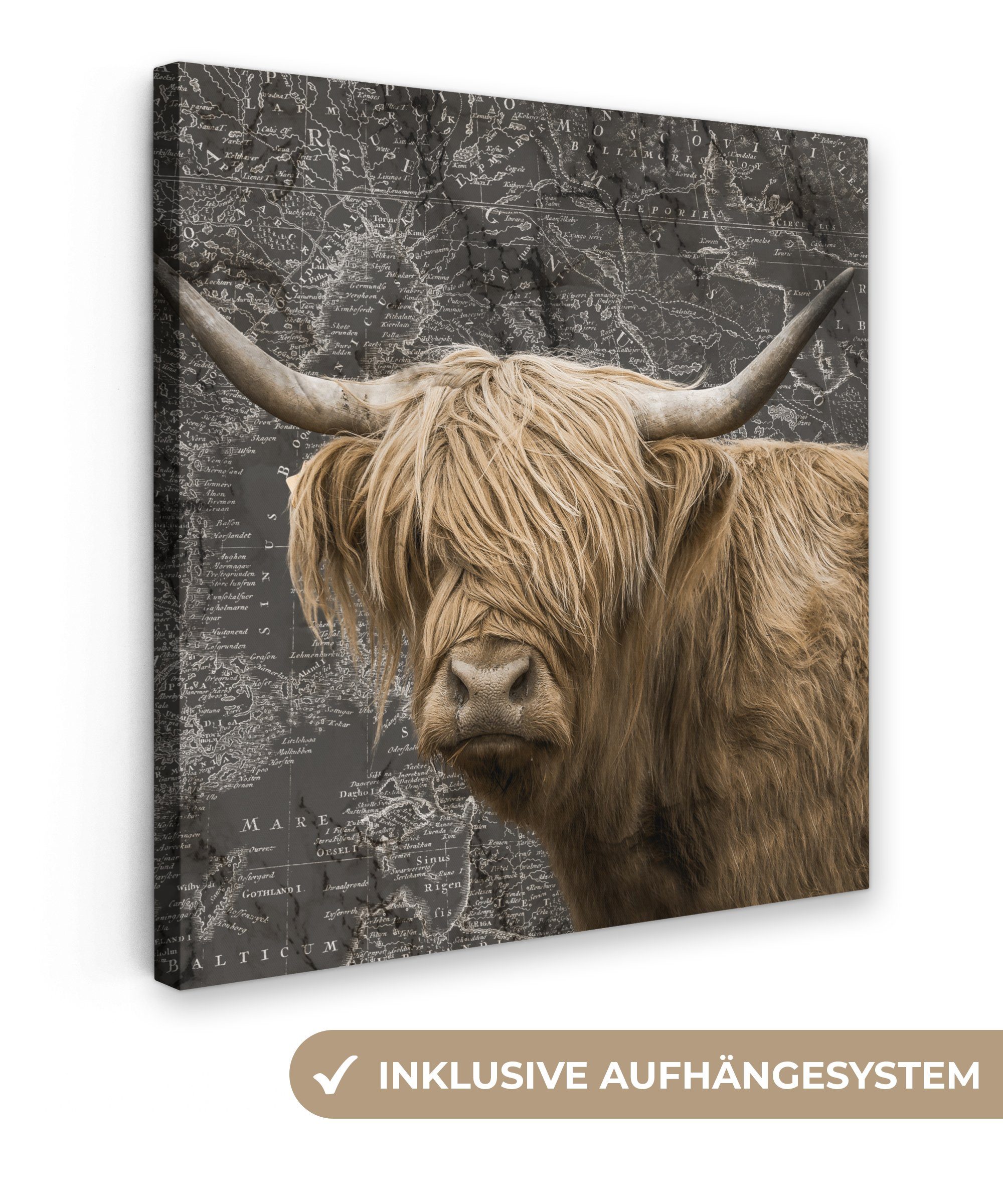 St), - Highlander OneMillionCanvasses® Weltkarte Schottischer Bilder Schlafzimmer, (1 Wohnzimmer 20x20 cm Tiere, - Leinwand für Leinwandbild