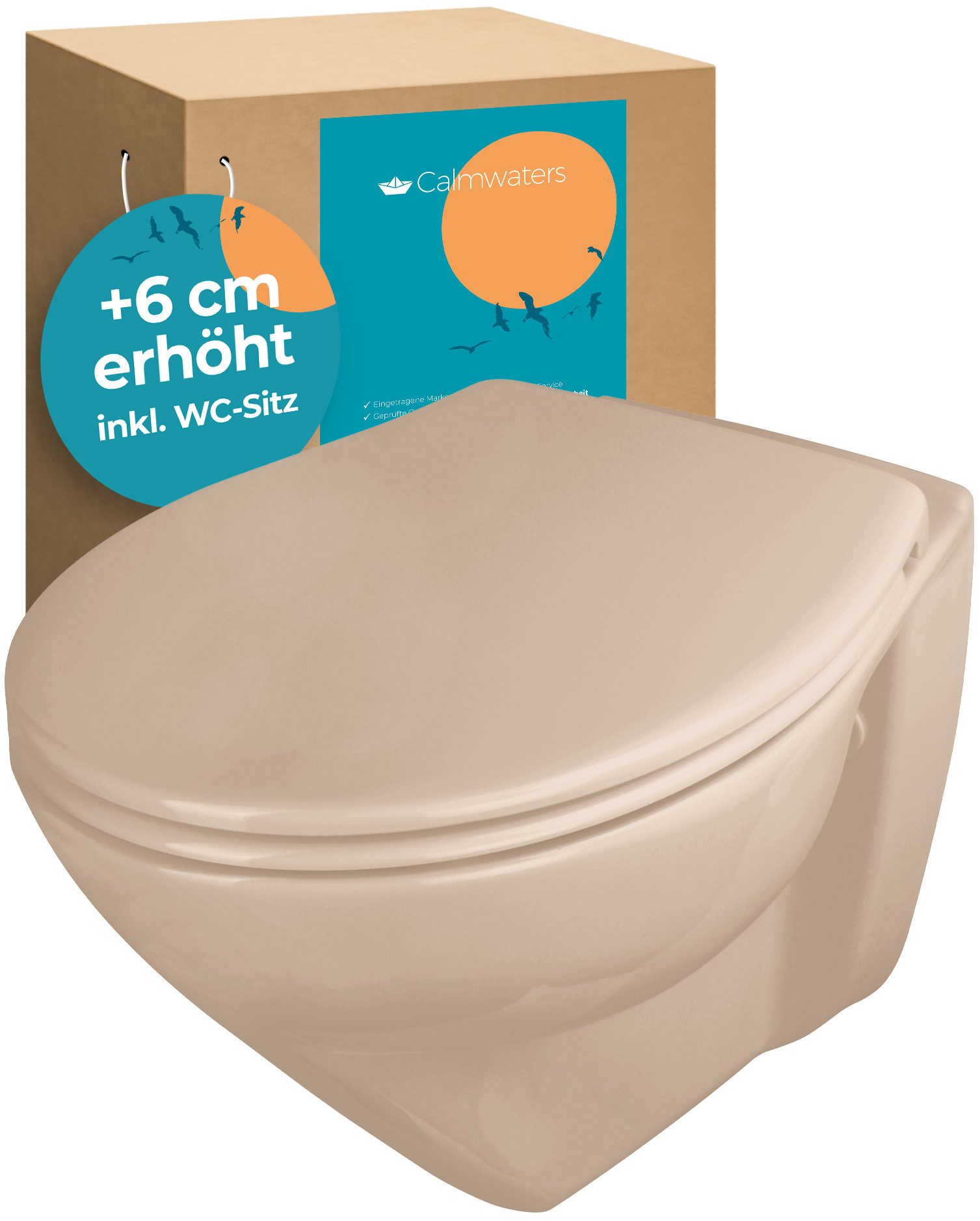 Calmwaters Tiefspül-WC, Wandmontage, wandhängend, Spülrandlos, +6 cm, Bahamabeige, WC-Sitz Absenkautomatik, 08AB6260