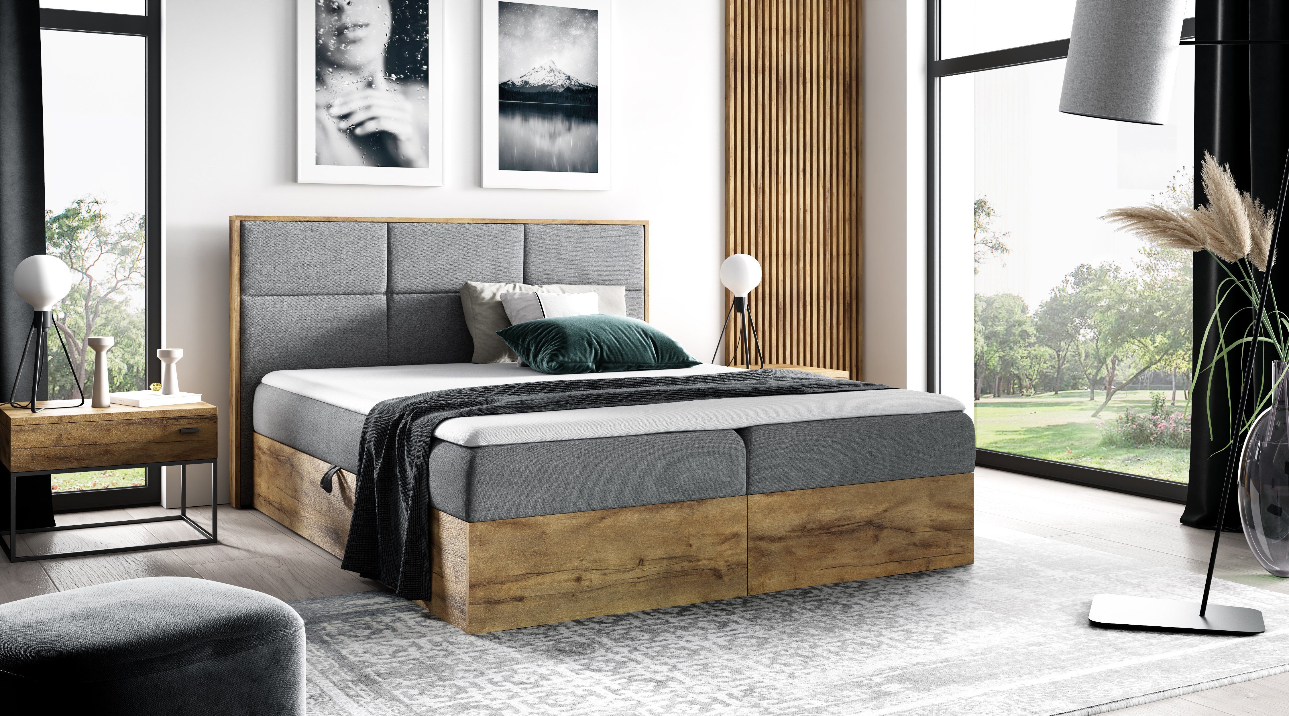 yourhouse24 Boxbett Wood II mit 2 Bettkästen, Doppelbett mit Bonell-Matratze + Topper