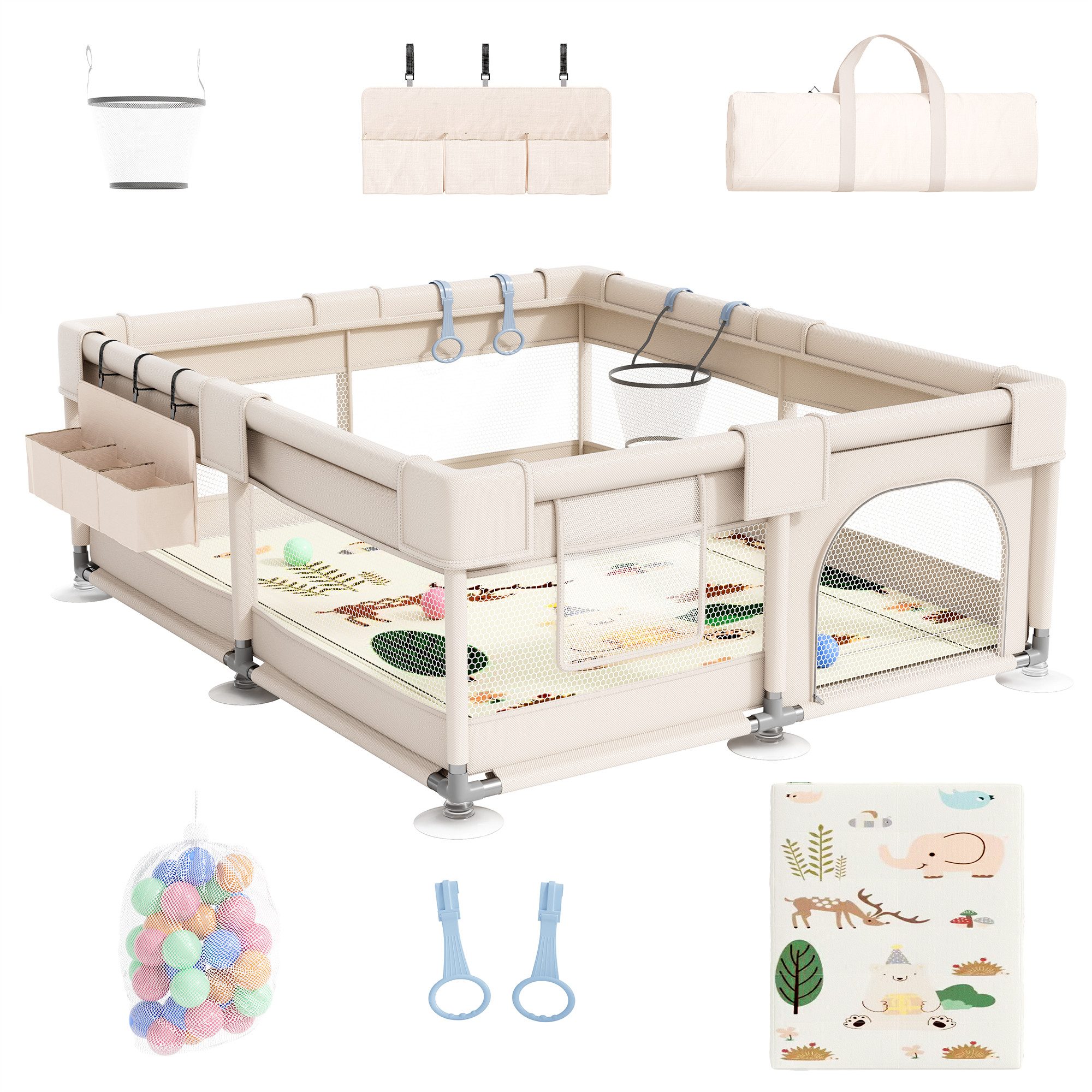 SEHAUSEU Laufgitter Laufstall Baby Krabbelgitter mit Spielmatte 1,5m×1,5 m/1,2m×1,2m, mit Ozeanbälle, Tragetasche, Zugring, Ballkorb, Aufbewahrungskorb