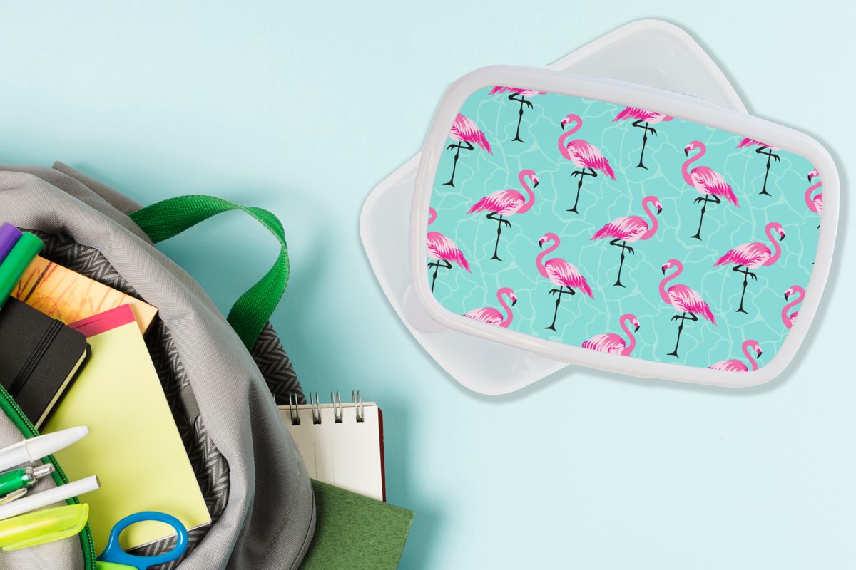 für - Mädchen Muster, Jungs Kinder weiß MuchoWow Brotdose, und Erwachsene, und für Brotbox - Kunststoff, (2-tlg), Rosa Flamingo Lunchbox